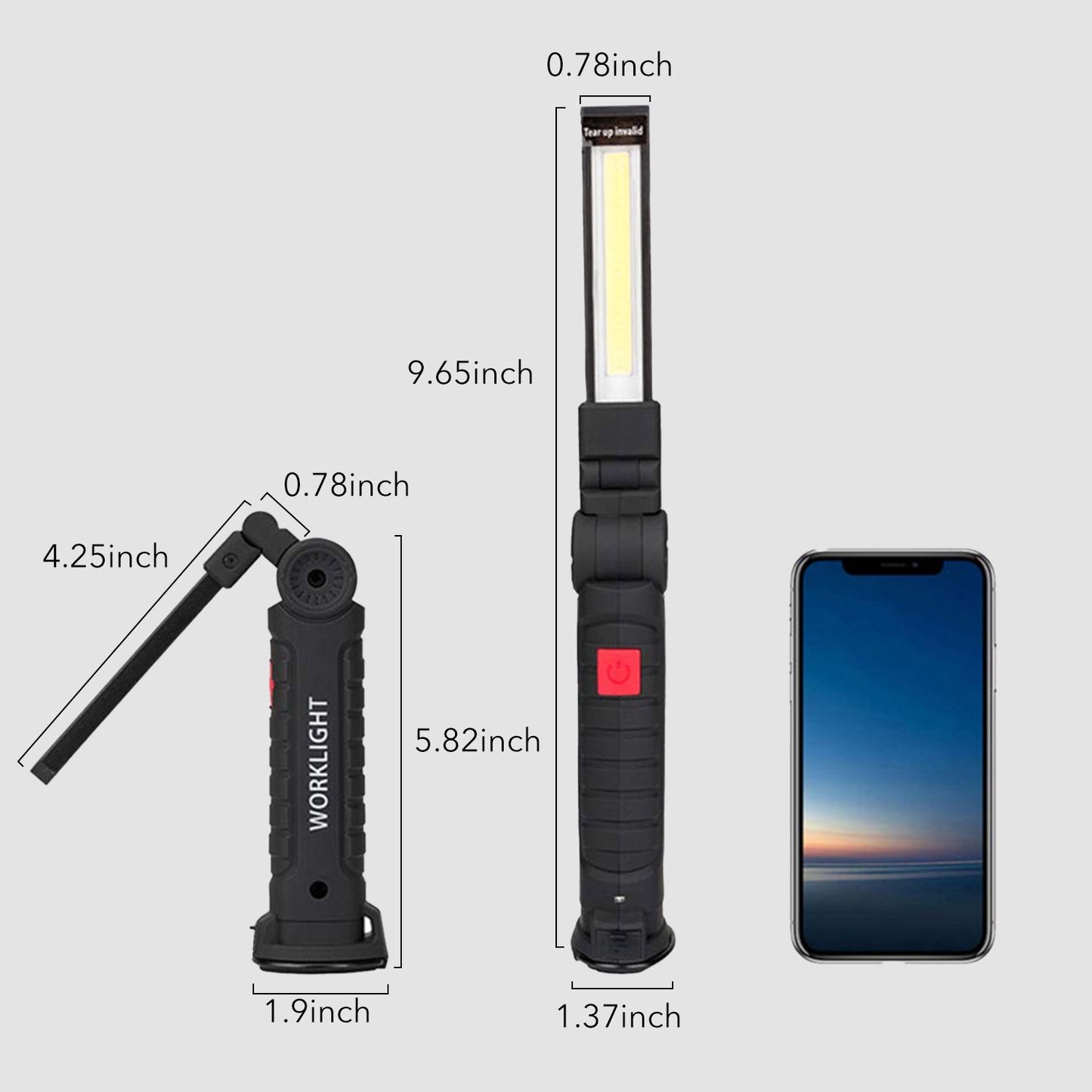 Behome 2 Pack LED Work Light, Rechargeable COB Light with Magnetic Base and Hook, 360°Rotate and 5 Modes, Cordless & Folding Flashlight for Workshop, Household(Black)