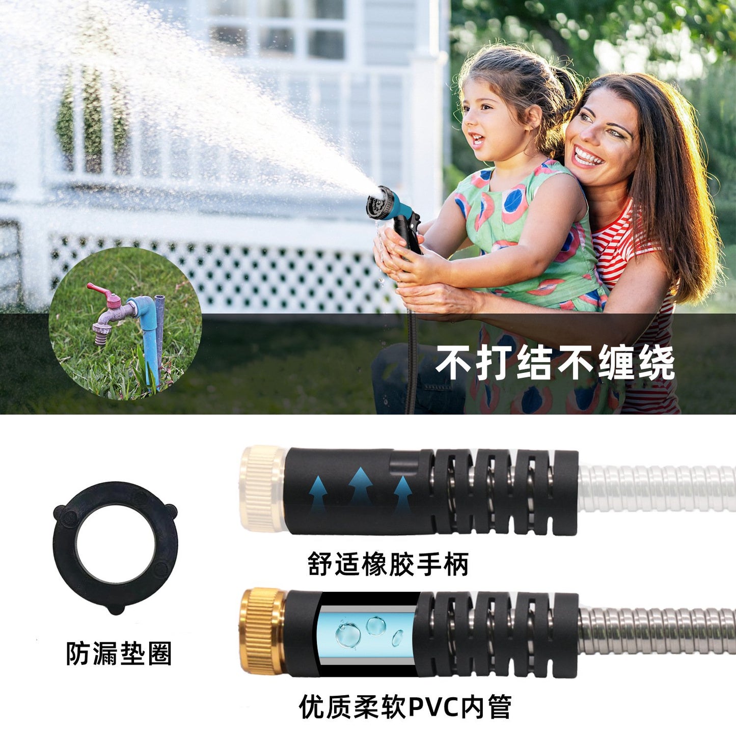 BN-LINK Garden Hose 75FT, 10 Pattern Thumb Spray Nozzle, No-Kink Flexible Stainless Steel Water Hose, Lightweight Leak & Rust Proof Water Hose for Yard, Outdoor, 3/4" Swivel Connectors