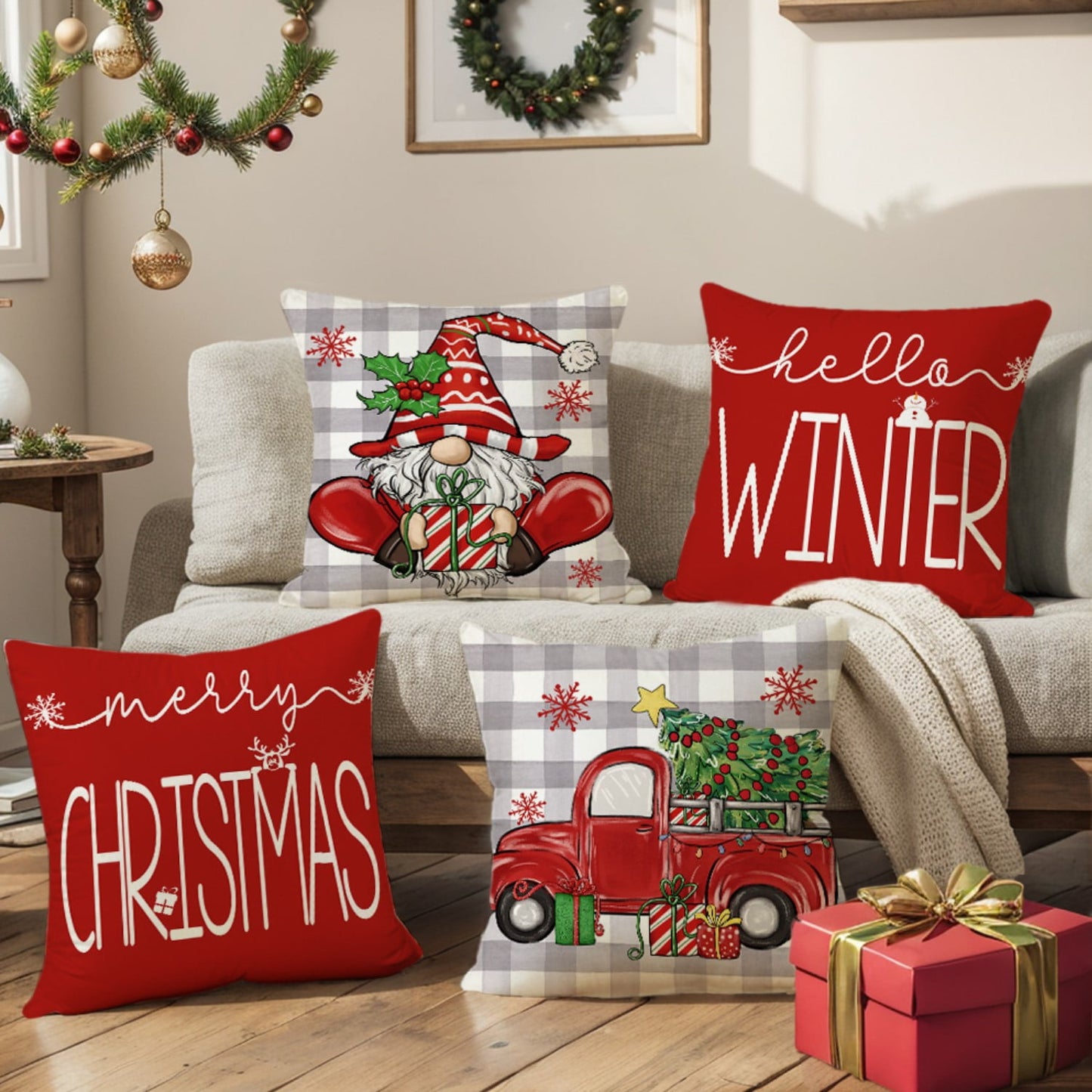 Behome Christmas Pillow Covers, 18 x 18 inch Set of 4 Christmas Decorative Throw Pillows Covers, Christmas Decorations Holiday Red Pillow Cases for Couch Sofa