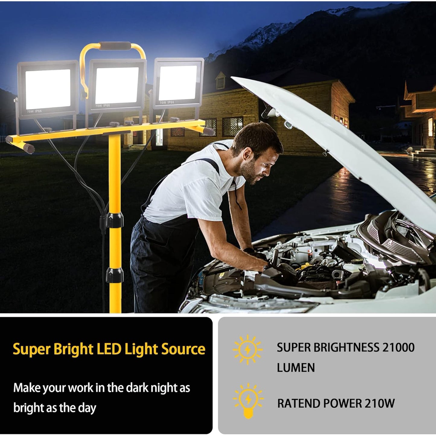Behome 21000 Lumen LED Work Lights with Stand, 3 Adjustable Head LED Work Light with Foldable Tripod Stand, Waterproof Lamp with Individual Switch for Outdoor Indoor, 6500K