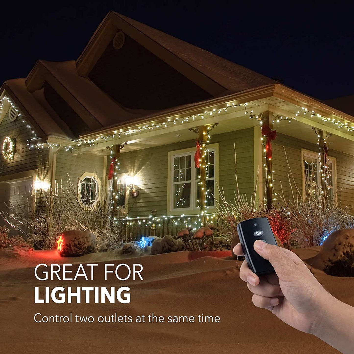 HBN Outdoor Indoor Wireless Remote Control Dual 3-Prong Outlet Weatherproof Heavy Duty 15 A Compact 2 Grounded Outlets with Remote 6-inch Cord 100ft Range ETL Listed (Battery Included)