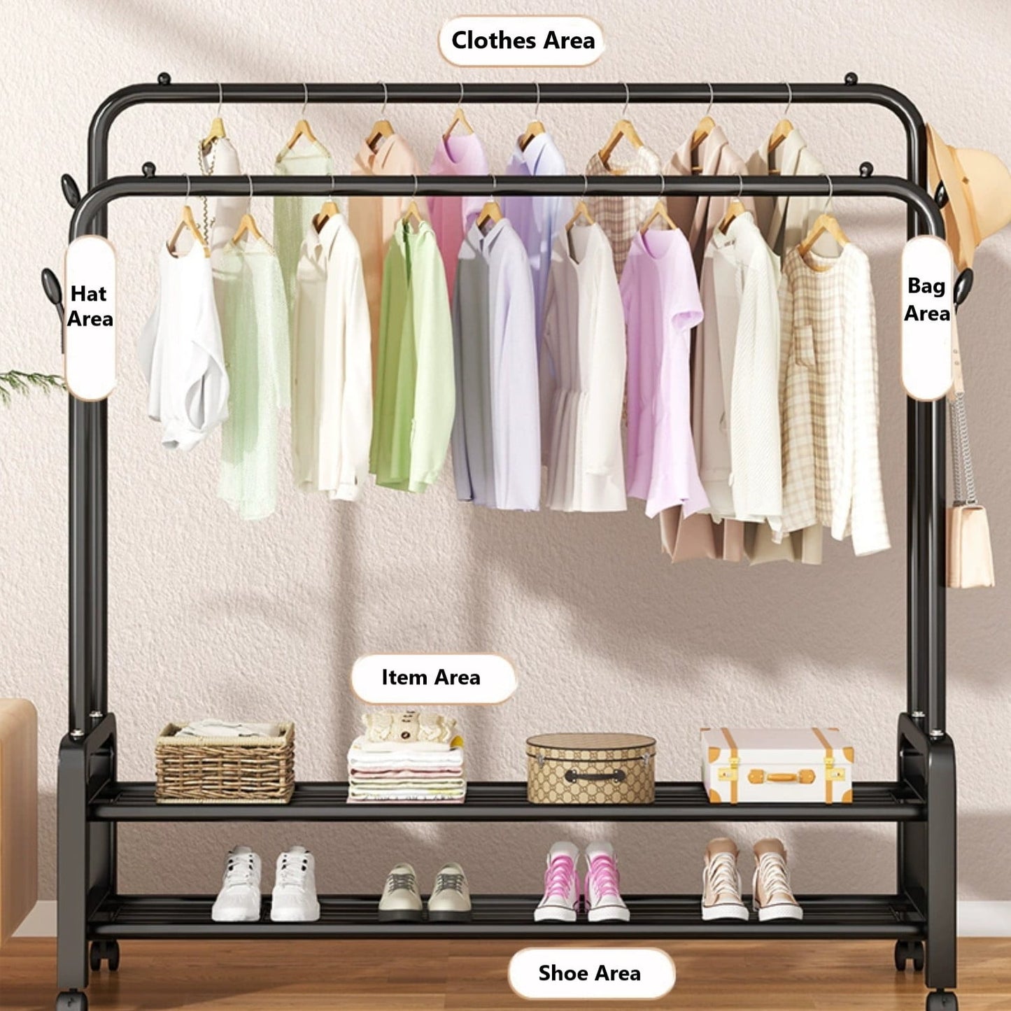 BN-LINK Double Rods Clothes Rack with Wheels, Rolling Clothing Garment Rack with 2 Bottom Shelves & 4 Side Hooks, Heavy Duty Clothes Organizer for Bedroom, Laundry, Living Room, Black