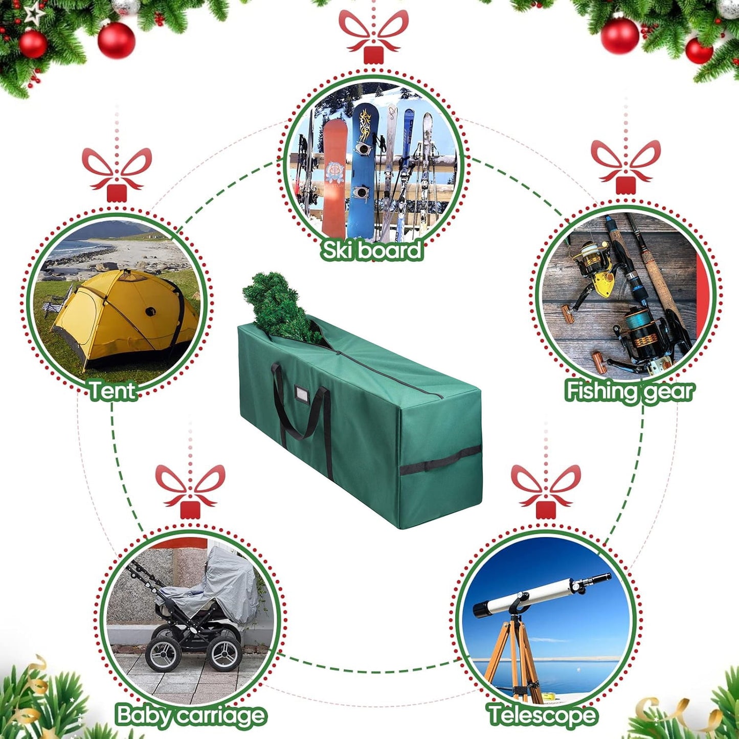 Behome 9ft Christmas Tree Storage Bag, Heavy-Duty Oxford Christmas Tree Bag With Reinforced Handles, Dual Zipper & Side Pocket, Waterproof, Moisture-Proof & Dust-Proof Bag(Green, 65x 15x30’’)