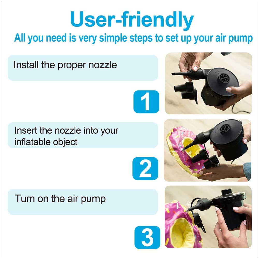 Electric Air Pump, Portable Quick-Fill Air Pump with 3 Nozzles, 110V, Perfect Inflator/Deflator Pumps for Inflatable Cushions, Air Mattress Beds, Boats, Swimming Ring, Black