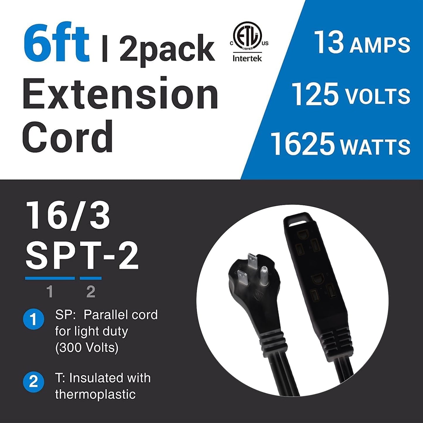 BN-LINK 2-Pack 6 ft Indoor Extension Cord 3 Grounded Outlets 16/3 SPT-2, 3 Prong Low-Profile Flat Plug, Black