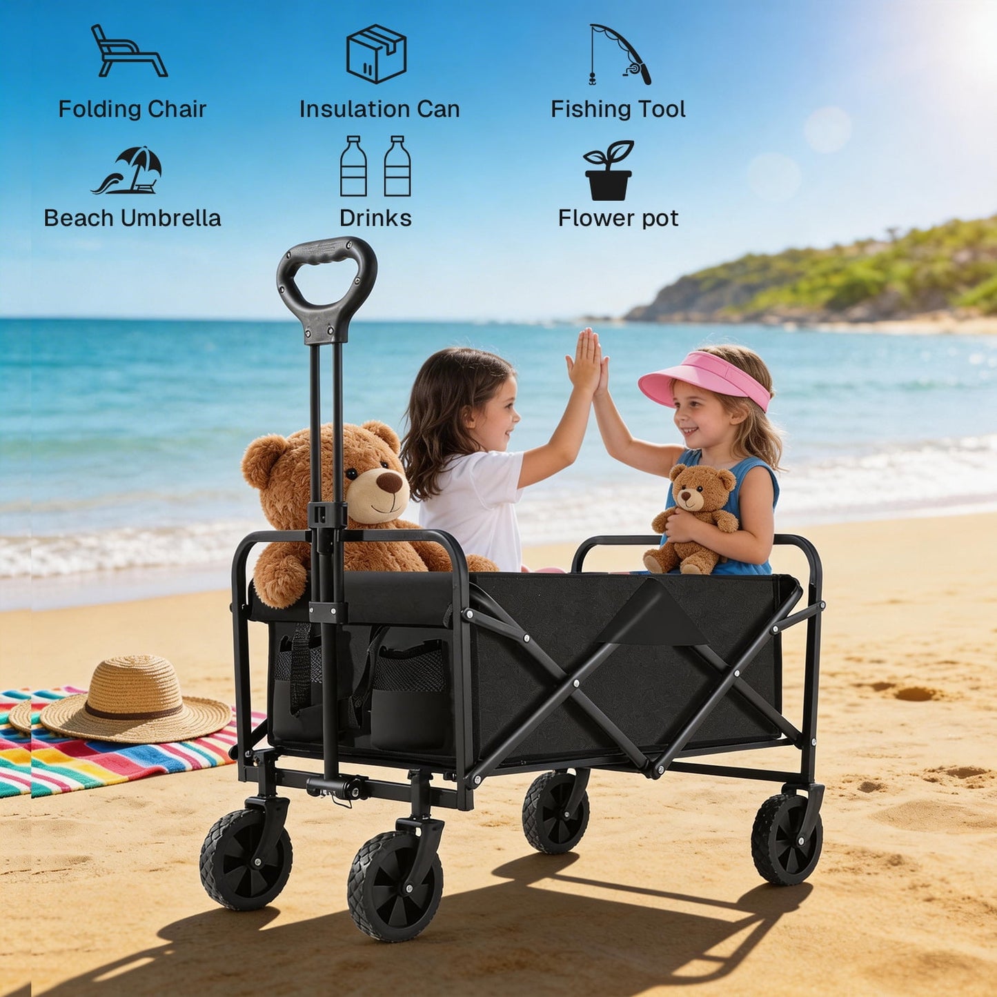 BN-LINK Collapsible Wagon Cart Max 400lb, Wagons Carts Foldable Carts, Lightweight Portable Utility Shopping Cart with Wheels, Folding Grocery Wagon Cart for Grocery, Camping, Shopping, Beach, Garden