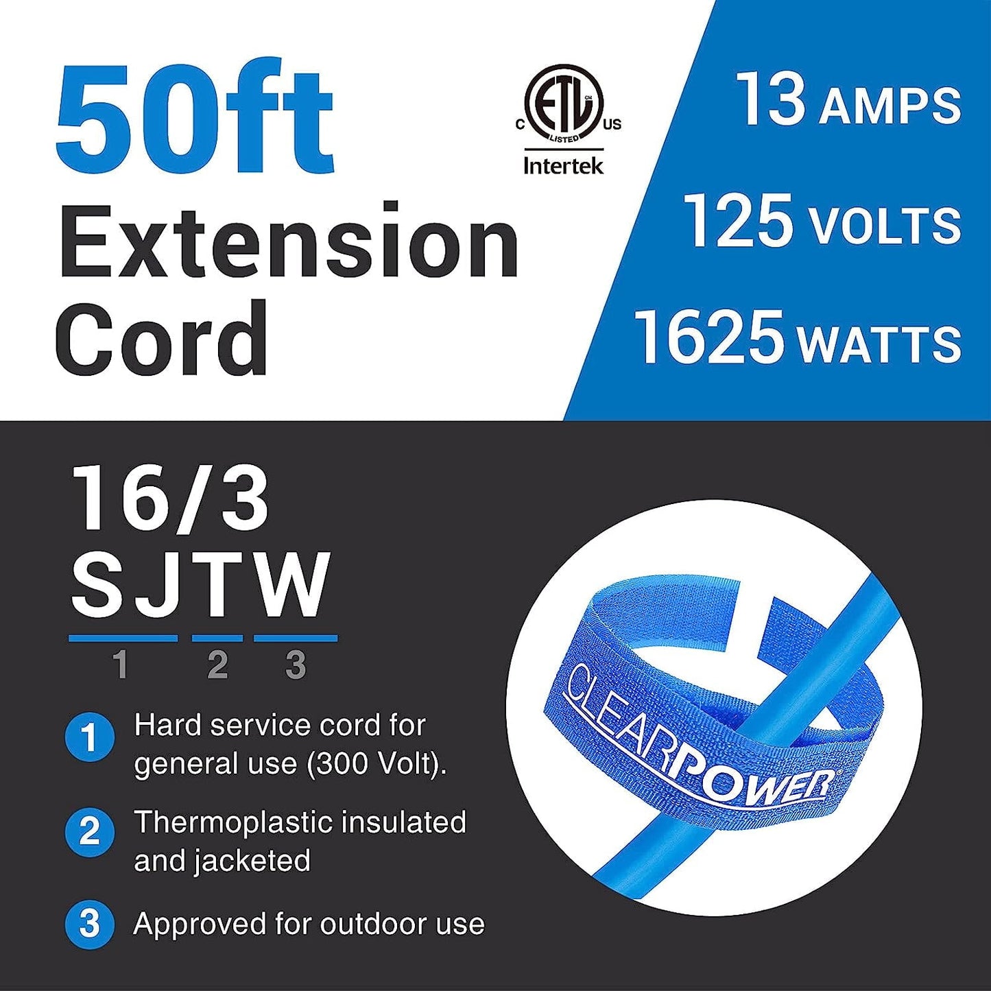 Clear Power 50 ft Extreme Cold Weather Outdoor Extension Cord, Lighted End, 16/3 SJTW, Works Down to -50°C, Power Indicator Light, 3-Prong Grounded Plug, Blue