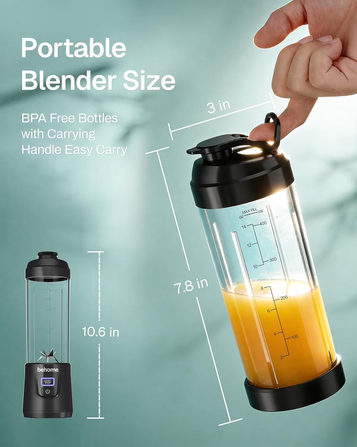Behome Portable Blender, Personal Juicer For Blender Shakes and Smoothies, 14 OZ BPA Free Portable Cups, USB-C Rechargeable, Dishwasher Safe Parts - Mini Small Blenders Cup For Home, Office, Gym