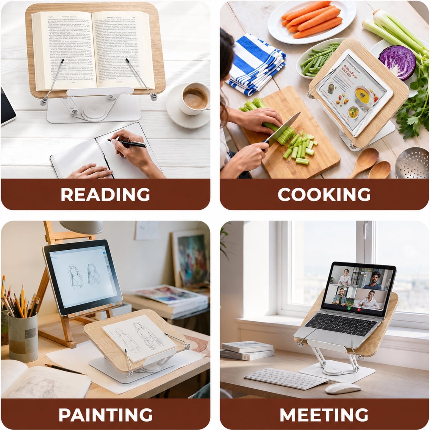 Behome Wood Book Stand, Adjustable Cookbook Stand with 360°Swivel Base & Page Paper Clips, Foldable Book Holder for Music Book, Tablet, Kitchen & Office