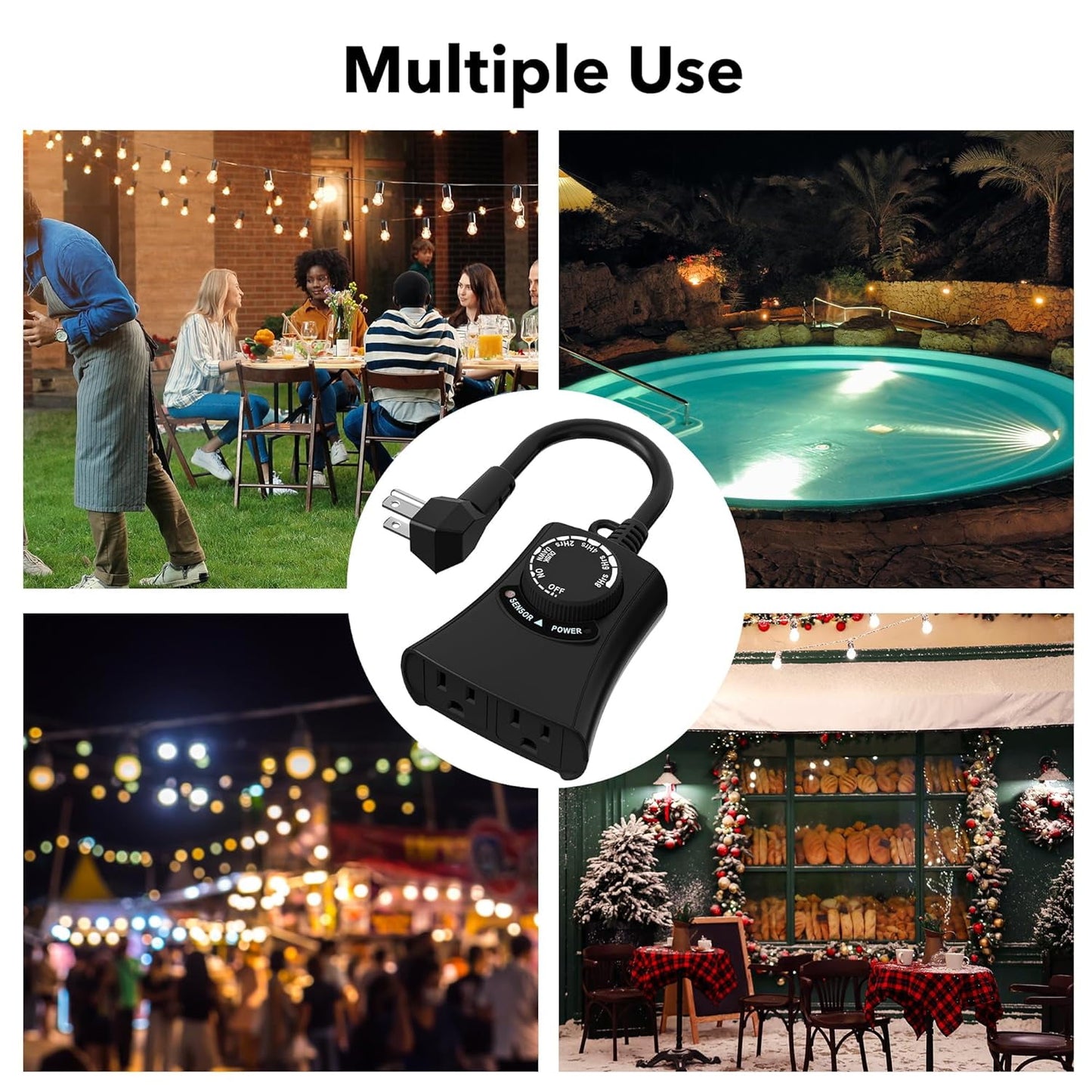 HBN Outdoor Light Timer Waterproof, Weatherproof Photocell Dusk to Dawn Light Sensor Timer 2/4/6/8 Countdown Timer, 2 Grounded Outlet for Christmas Lights,Hallowen Deceration,1875W 15A 1/2HP