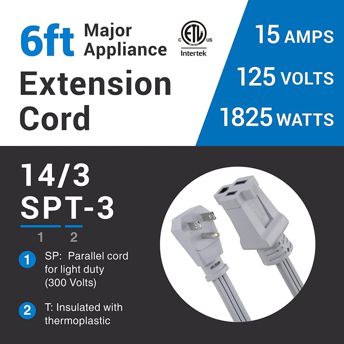 Clear Power 6 ft 14/3 Gray Air Conditioner/Major Appliance Indoor Extension Cord, Grounded Flat Plug, Perfect for AC Units and Major Appliances
