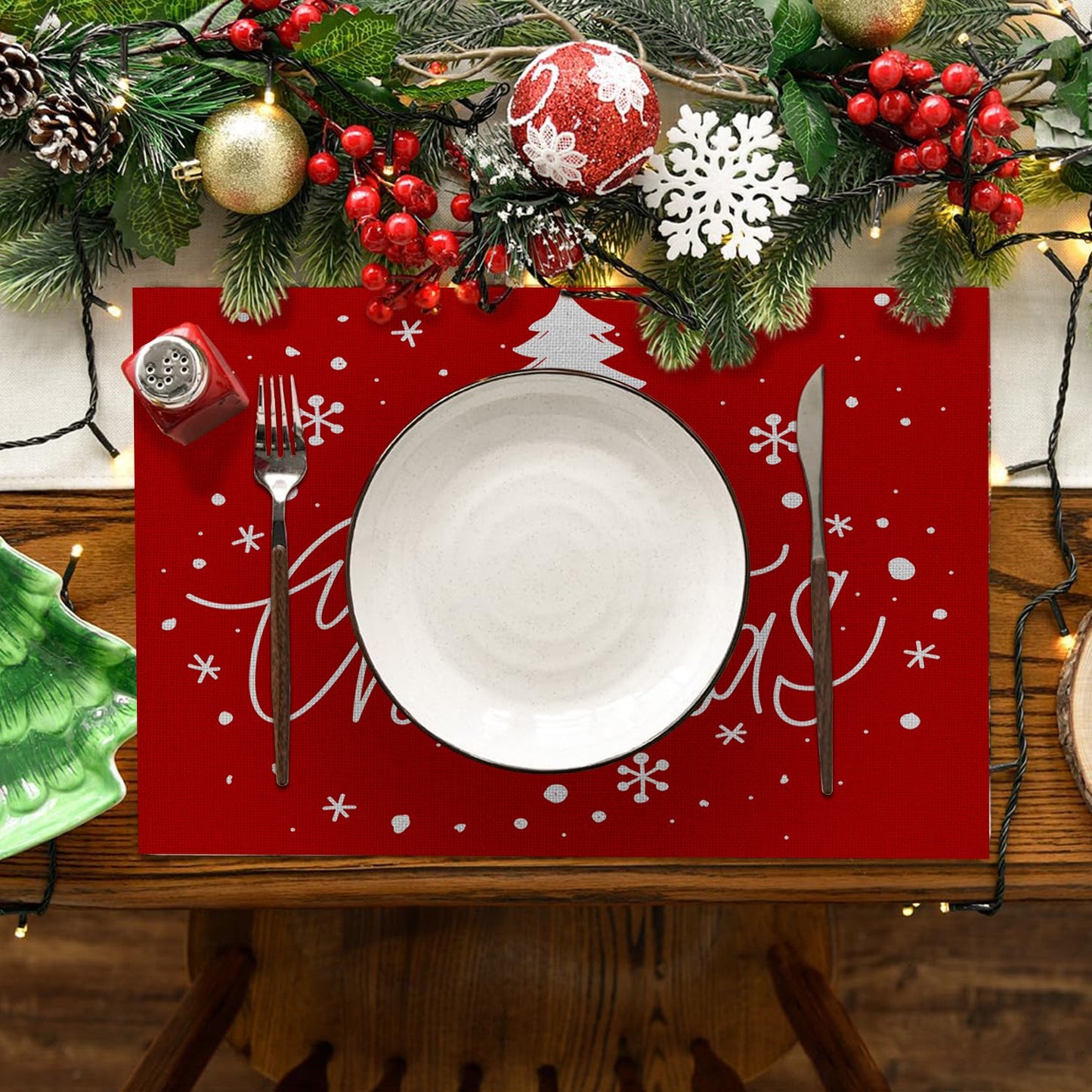 Behome Merry Christmas Placemats for Dining Table, Set of 6 12x18 Inch Winter Xmas Table Mats for Party Kitchen Dining Decoration