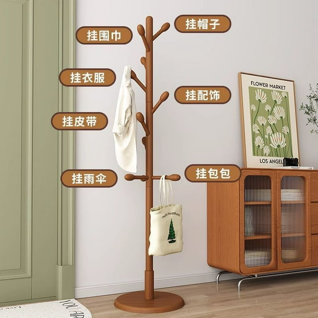 Behome Coat Rack, Bold Freestanding Coat Rack with 8 Hooks and 3 Adjustable Size, Tree Coat Racks for Bedroom, Hallway, Hats, Coats, Scarves, Handbags, Wood Color