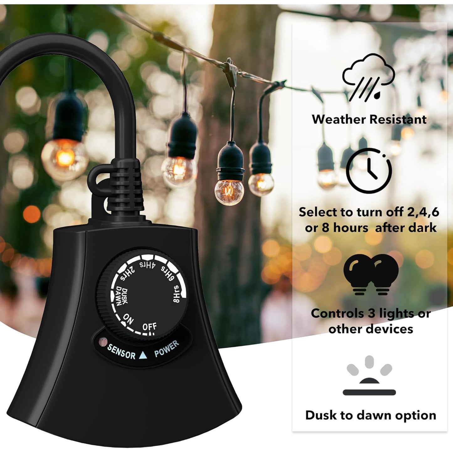 HBN Outdoor Light Timer Waterproof, Weatherproof Photocell Dusk to Dawn Light Sensor Timer 2/4/6/8 Countdown Timer, 3 Grounded Outlet for Christmas Lights,Hallowen Deceration,1875W 15A 1/2HP(2pack)