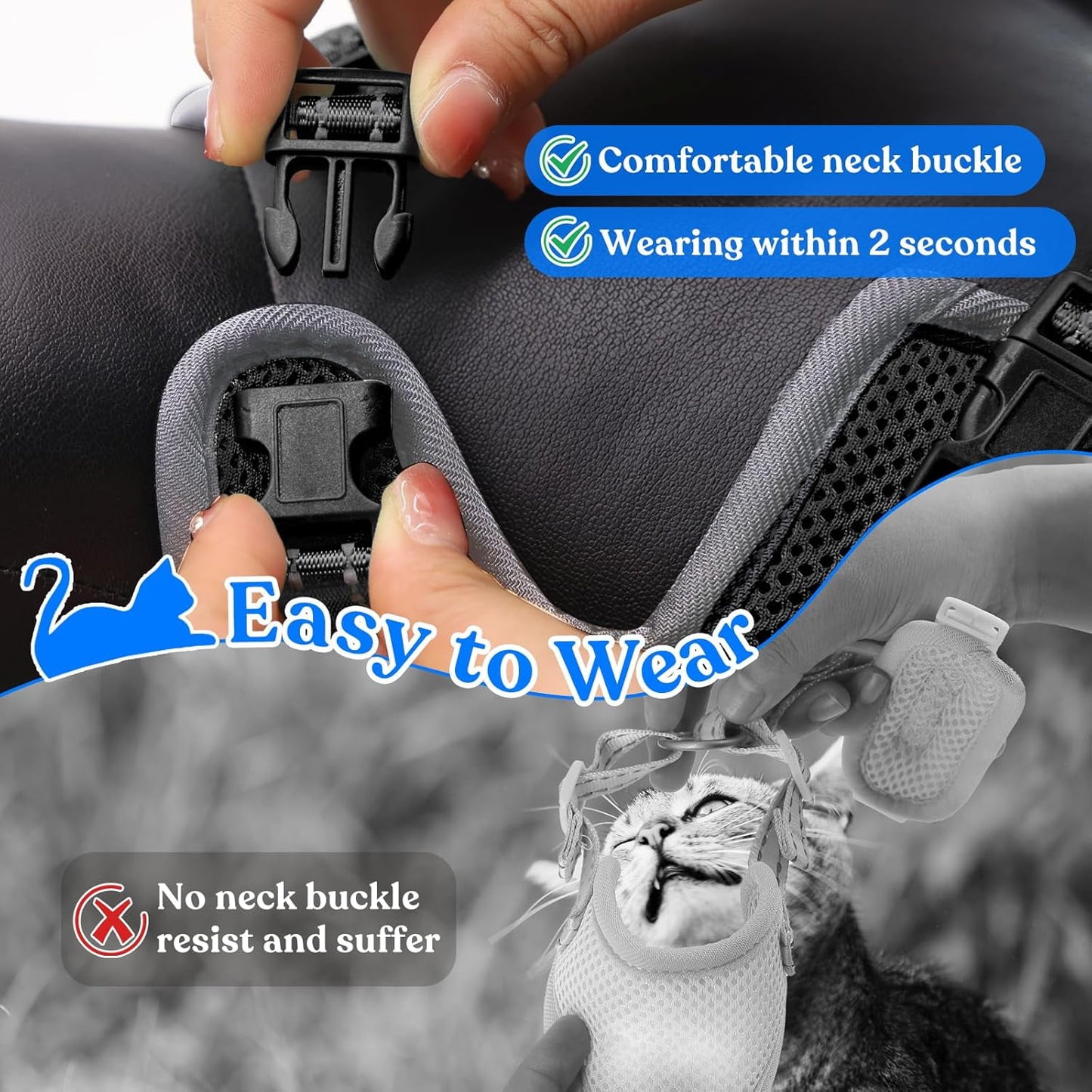 Behome Cat Harness and Leash Set for Walking, Escape Proof Soft Adjustable Vest Harnesses with Reflective Strips for Cat and Puppy, Gray, XL