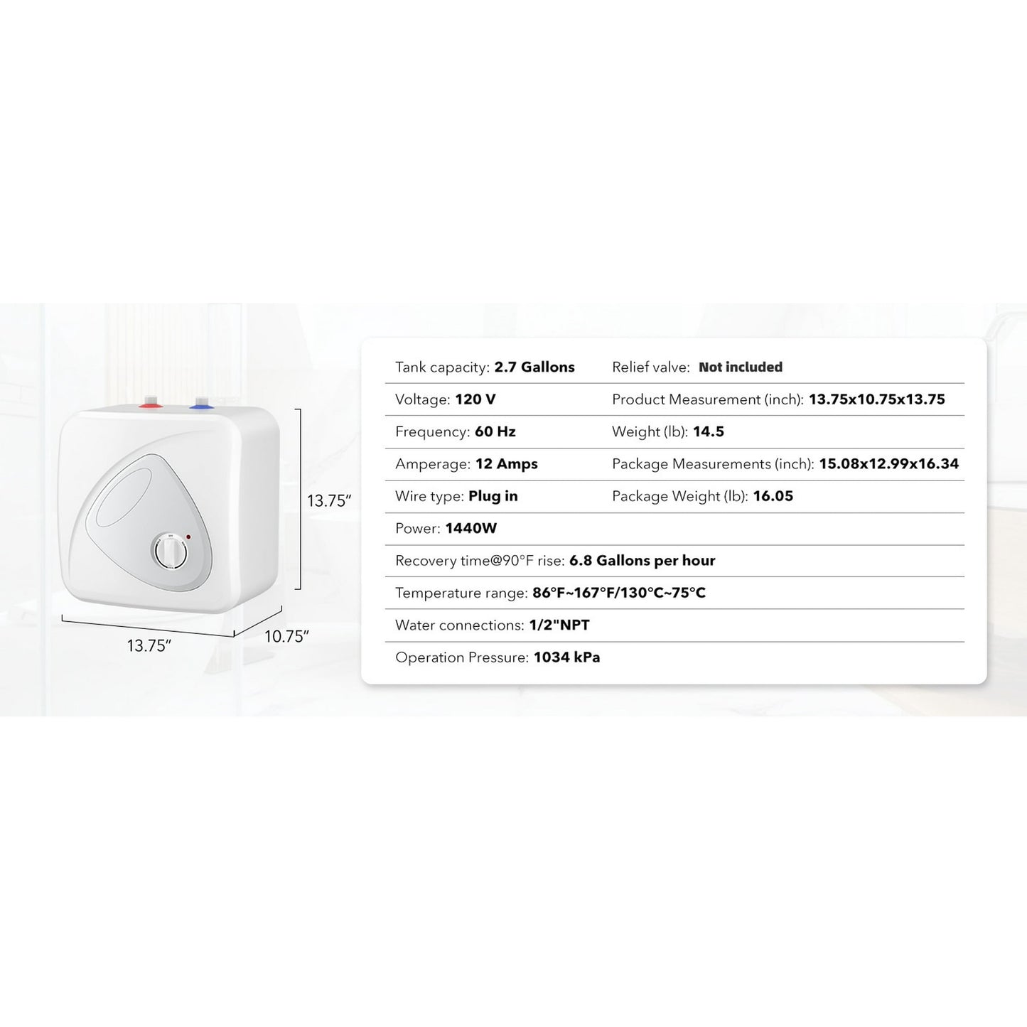 BN-LINK Electric Mini-Tank Water Heater - 2.7 Gallon Small Under Sink Instant Hot Water Heater, 120V 1440W Point of Use Compact Tank for Kitchen, Bathroom, Restaurant - Shelf, Wall, or Floor Mounted