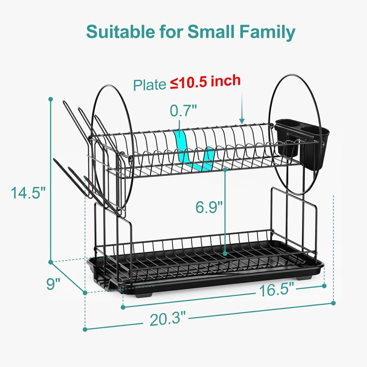 Dish Drying Rack - 2 Tier Dish Racks for Kitchen Counter with Drainboard, Utensil & Wine Glass Holder, Multifunctional Dish Drainer for Kitchen Organization, Black