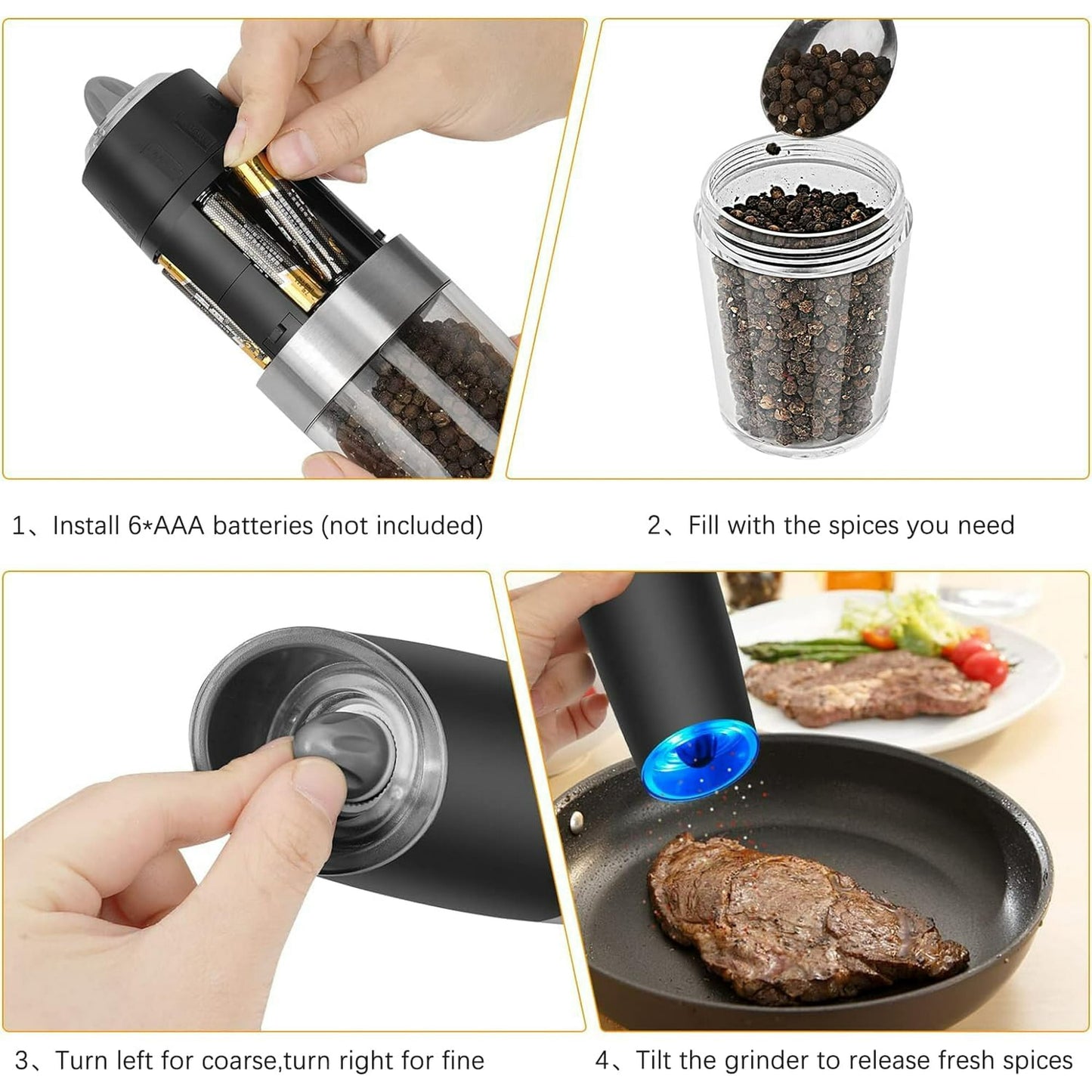 Electric Salt and Pepper Grinder Set, Gravity Sensor, Automatic Pepper Mill, One Hand Operation, Battery-Operated with Adjustable Coarseness, Blue Led Light, Black, 2 Pack