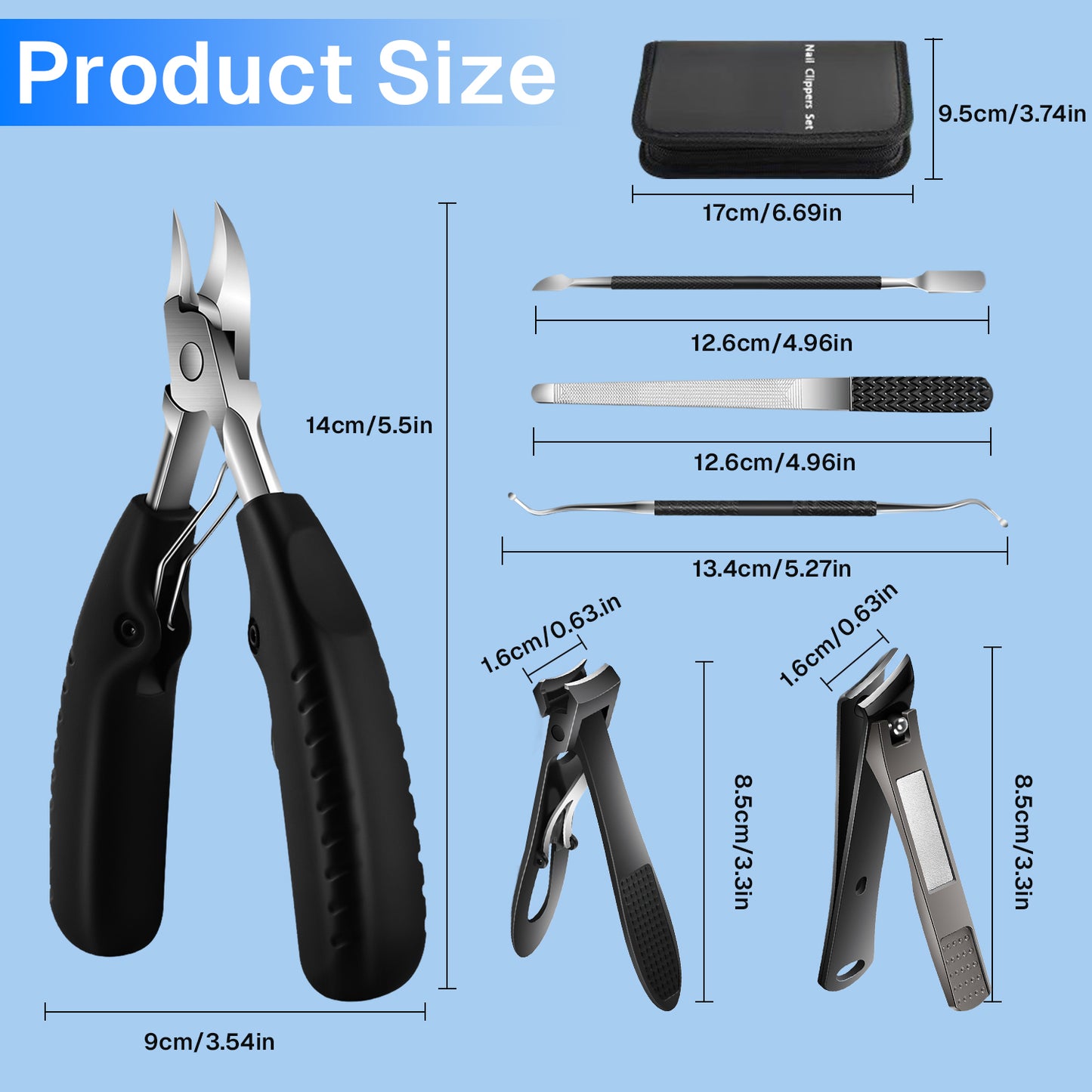 Behome Toenail Clippers for Thick Toenails, 6 Pcs Heavy Duty Nail Clipper Set for Seniors & Men, Angled Head Large Toe Nail Clippers with Wide Opening, Long Handle & Case