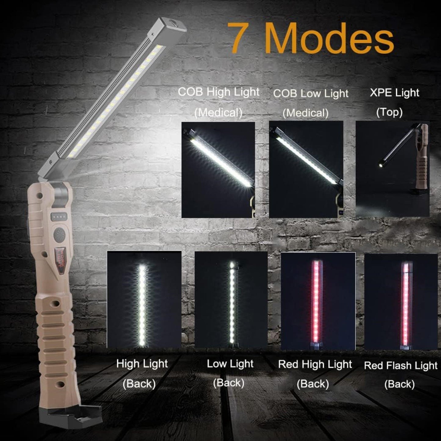 Behome LED Rechargeable Work Light, COB Work Light with 7 Modes, Magnetic Base & Hanging Hook & 180°Rotate , Foldable Magnetic Flashlight for Car Repair, Emergency and Outdoor