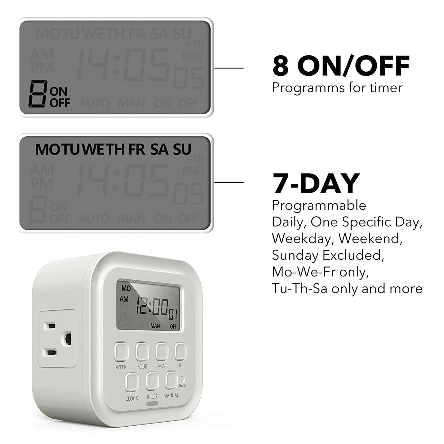 HBN 7 Day Heavy Duty Digital Timer, Dual Outlet, On/Off Programs 3-Prong Programmable Timer, Indoor, for Lamp, Light, Fan, Pets, Home, Kitchen, Office, Appliances, 125V, 15A, 1875W, 60Hz