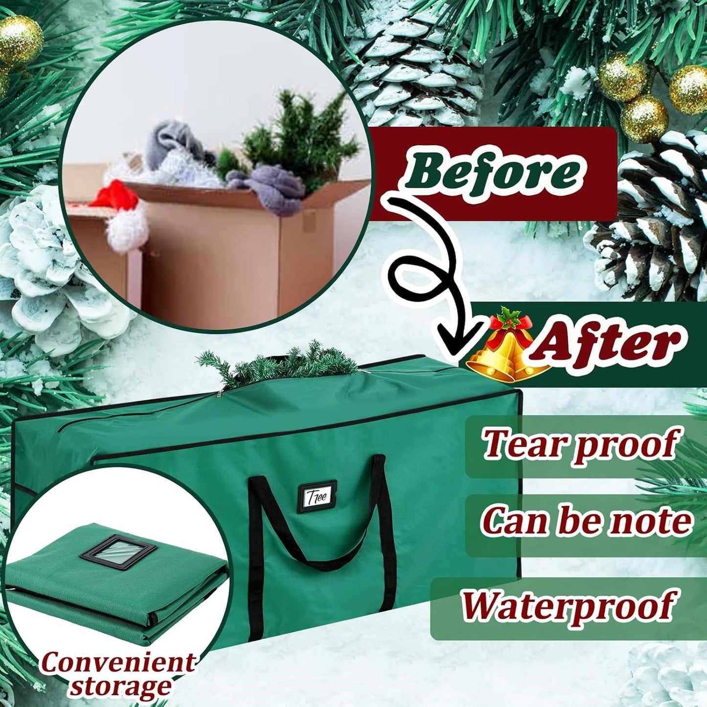 Behome 9ft Christmas Tree Storage Bag, Heavy-Duty Oxford Christmas Tree Bag With Reinforced Handles, Dual Zipper & Side Pocket, Waterproof, Moisture-Proof & Dust-Proof Bag(Green, 65x 15x30’’)