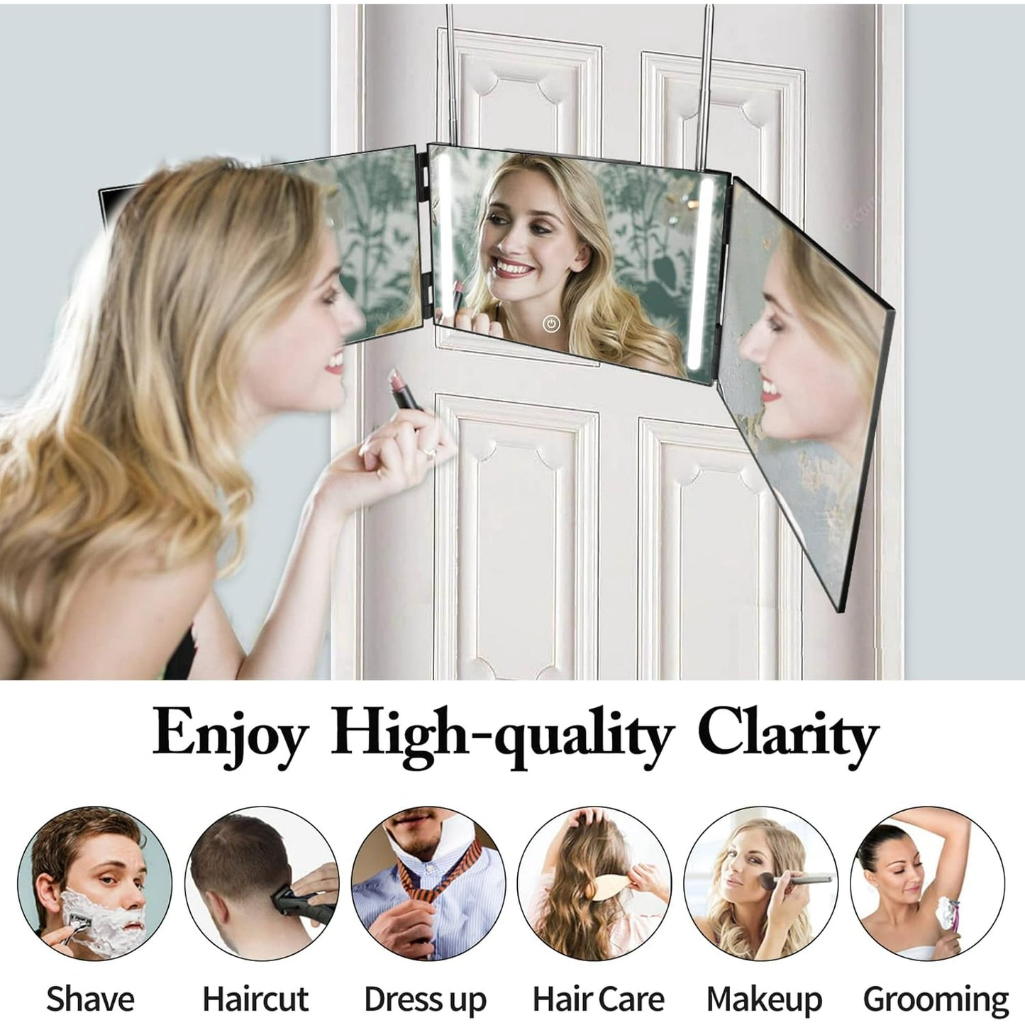 BN-LINK 3 Way Mirror for Self Hair Cutting, 360 Trifold Mirror with Height Adjustable Telescoping Hooks, Foldable Three Sided Mirror for Shaving, Makeup, Hair Styling(Black)