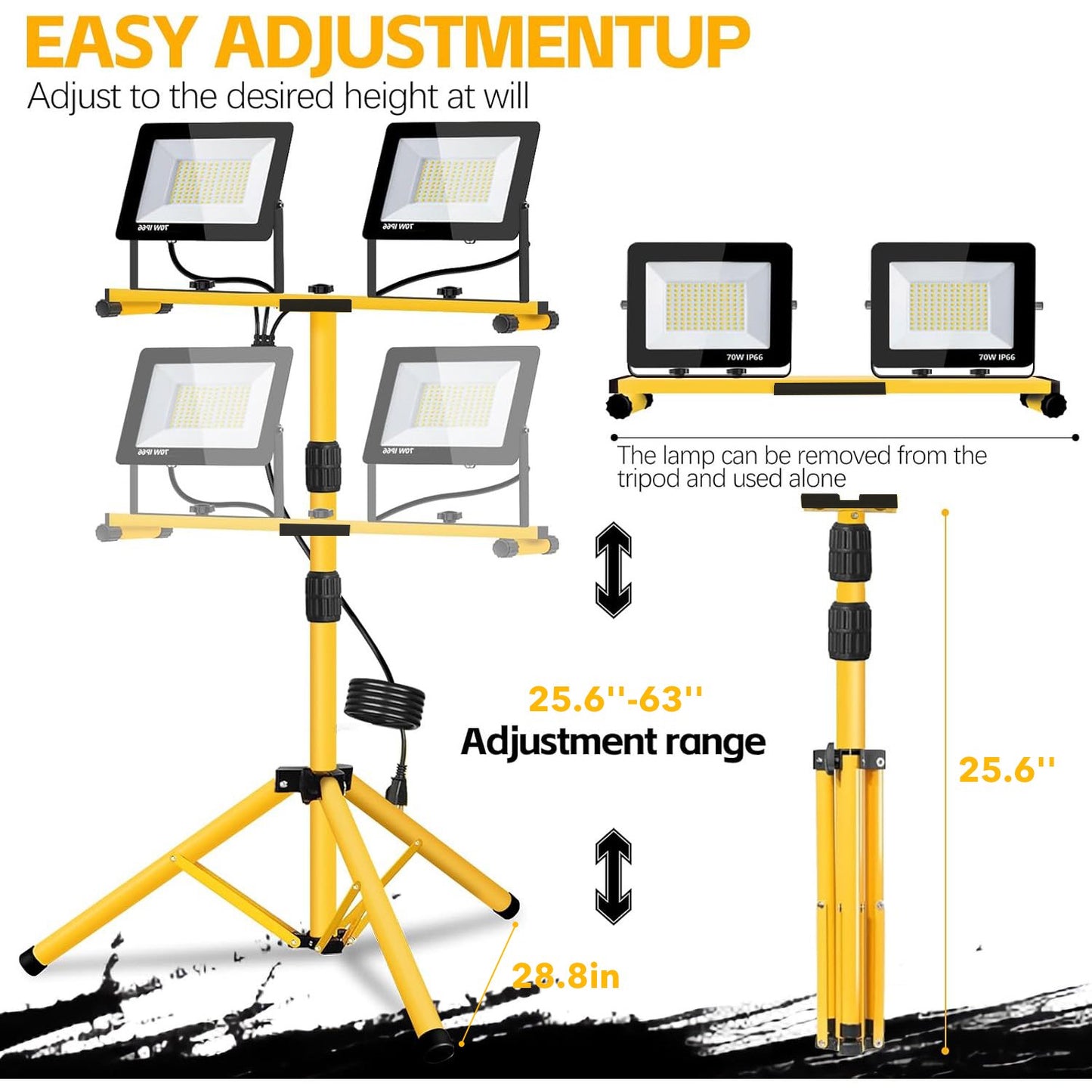 Behome 18000 Lumen LED Work Lights with Stand, 2 Adjustable Head Waterproof Lamp with Individual Switch, Foldable Tripod Stand for Outdoor Indoor Job Site Lighting, 6500K
