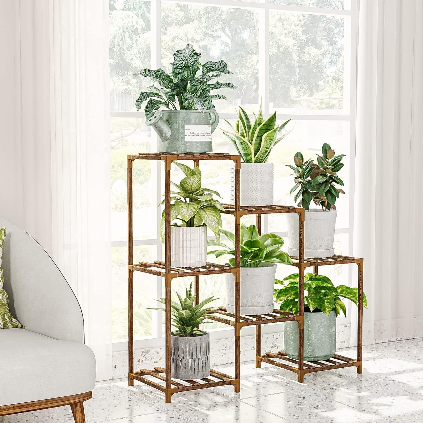 Behome Plant Stand Indoor, Wood Plant Shelf with 3 Tier Ladder & 7 Pots, Corner Plant Stand, Tall Plant Holder for Living Room & Balcony, Home Decor