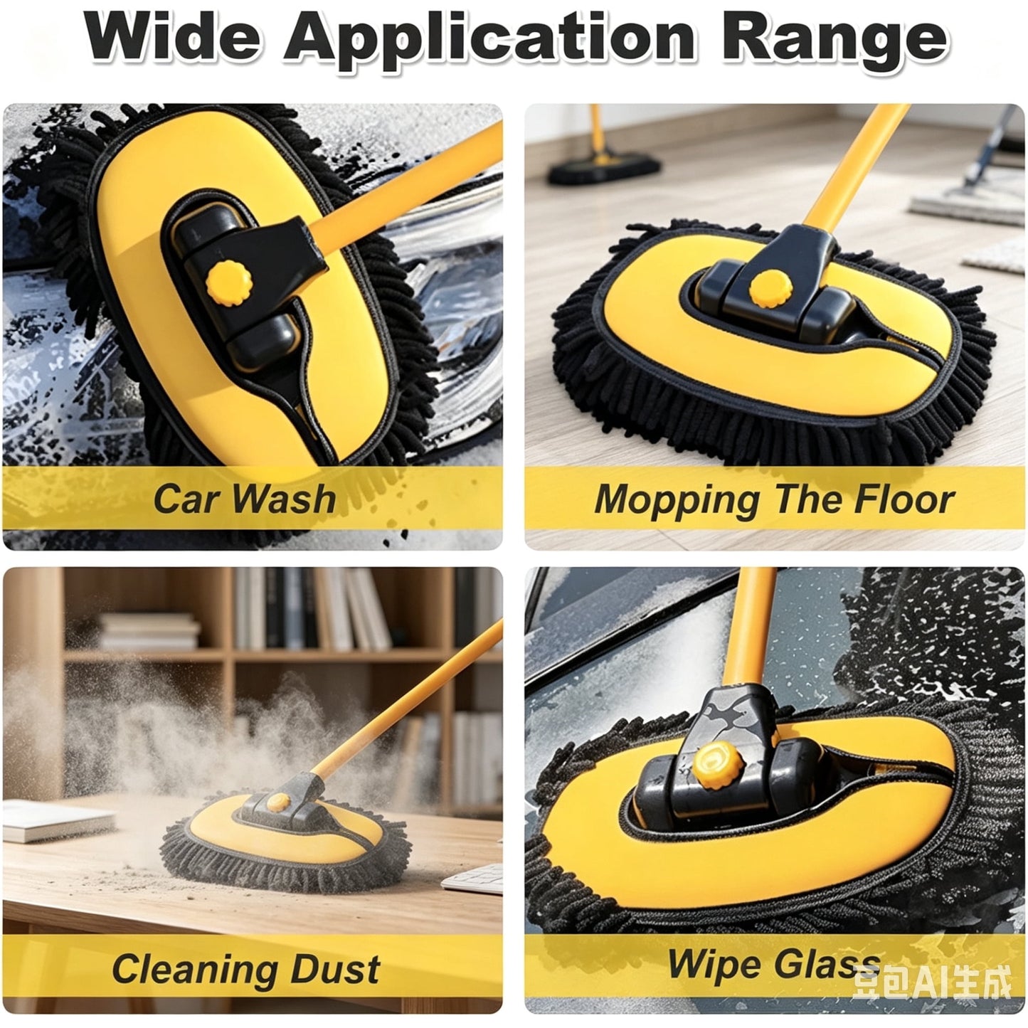 Behome Car Wash Brush, 40" Car Wash Brush with Long Handle, Retractable Bent Pole Car Wash Brush for Cars RV Truck Boat, Yellow
