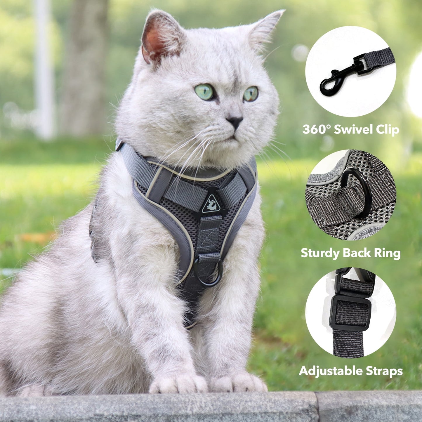 Behome Cat Harness and Leash Set for Walking, Escape Proof Soft Adjustable Vest Harnesses with Reflective Strips for Cat and Puppy, Gray, XL