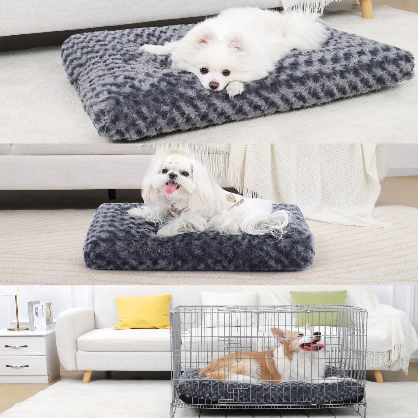 Behome 24Inch Dog Bed for Small Dogs, Soft Plush Pet Crate Bed with Rose Velvet, Non Removable Machine/Hand Washable Bolster with Anti Slip & Scratch Resistant(Dark Gray)