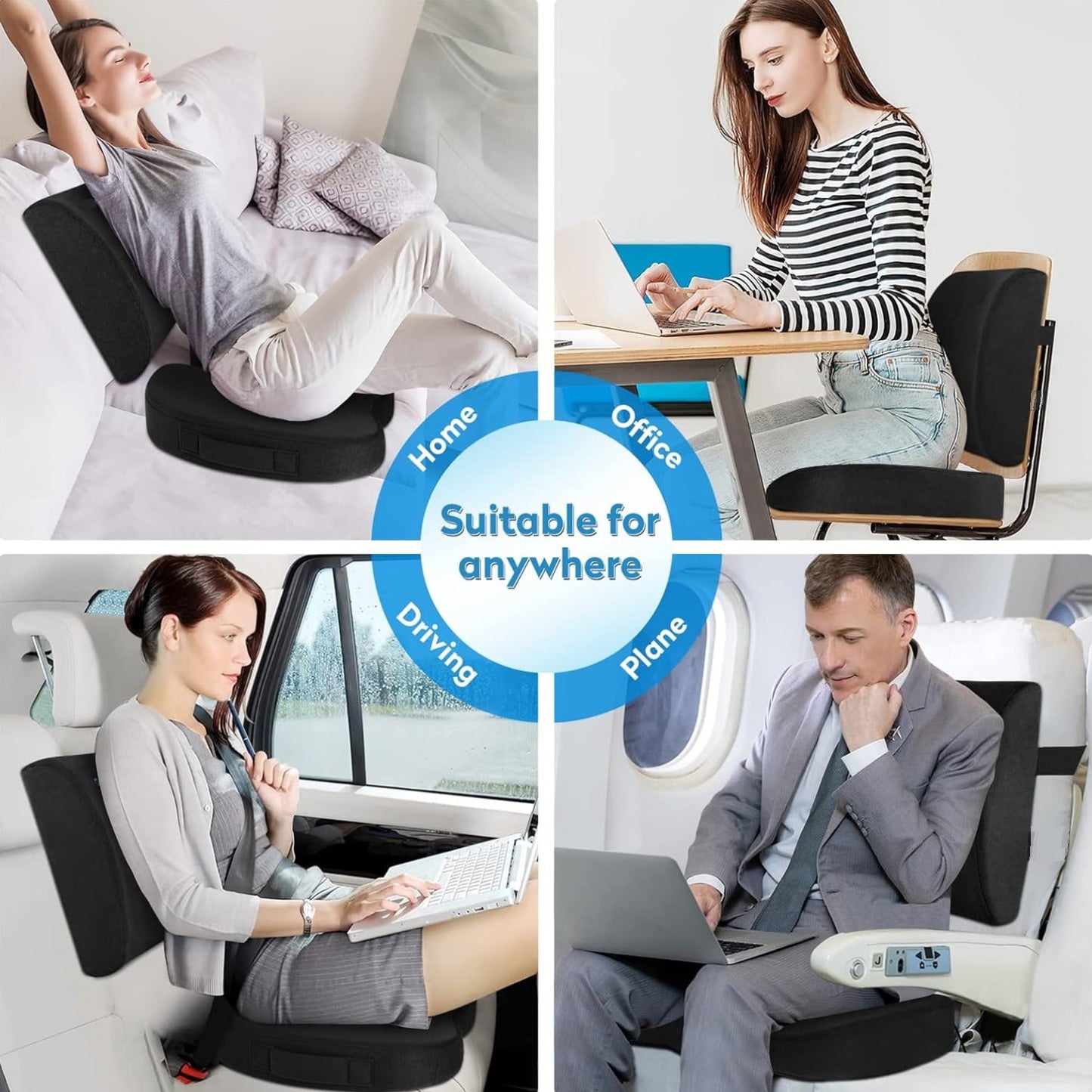 Behome Seat Cushion and Lumbar Support Pillow Set for Office Chairs, Back Support Memory Foam Gel Cushion for Tailbone Pain Relief, for Office Chair, Gaming Chair and Car Seat