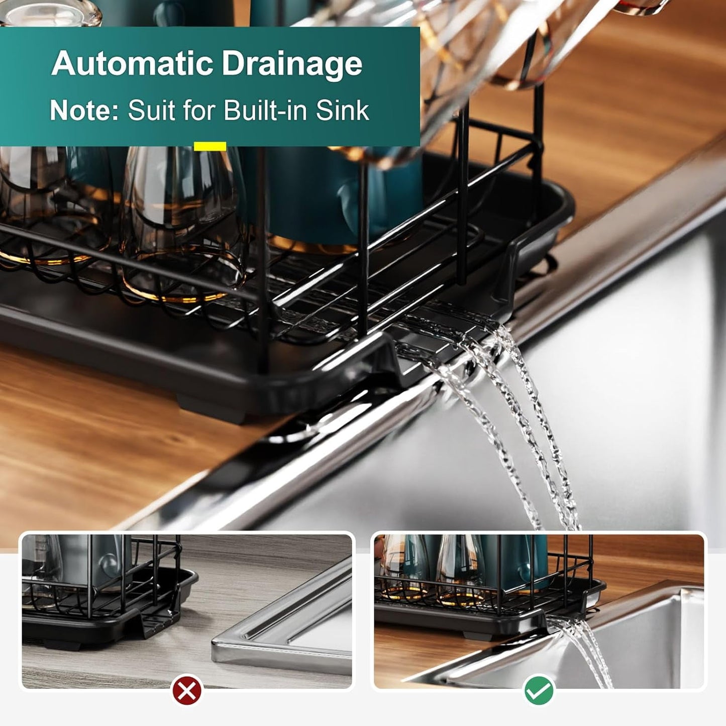 Dish Drying Rack - 2 Tier Dish Racks for Kitchen Counter with Drainboard, Utensil & Wine Glass Holder, Multifunctional Dish Drainer for Kitchen Organization, Black