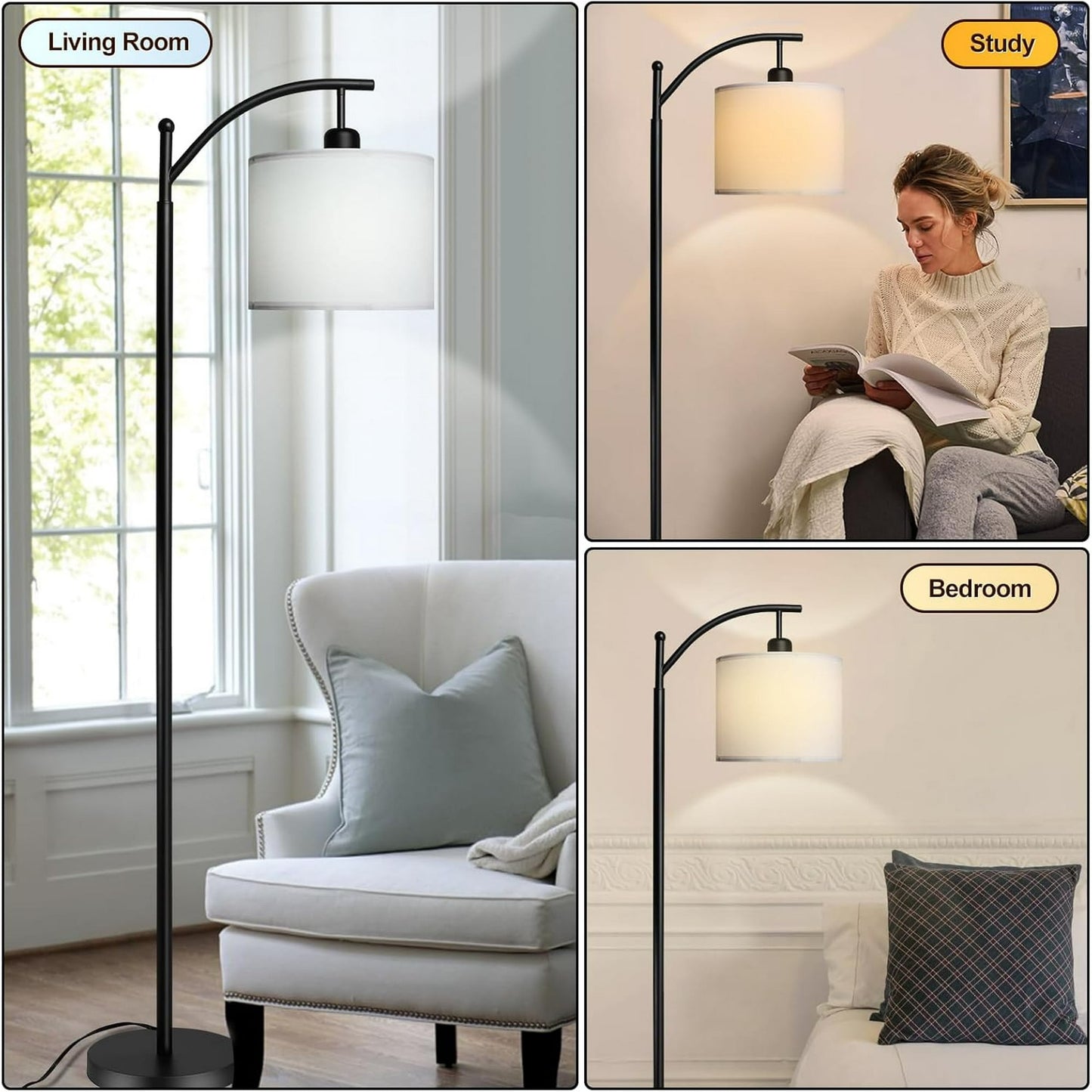 Behome Dimmable Floor Lamp with 3 Color Temperatures, Standing Lamp with Linen Shade & 600 Lumens 9W LED Bulb Included, Tall Lamp for Living Room, Office, Dining Room(Black)