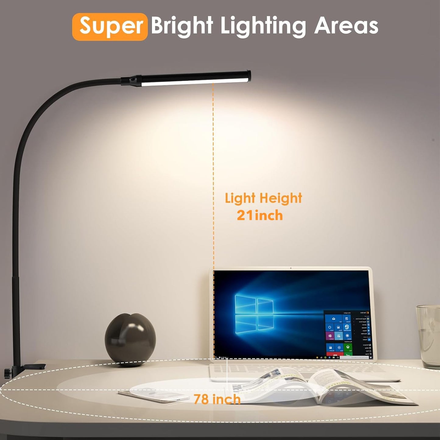 Behome LED Desk Lamp with Clamp, Clamp Light with 3 Color Modes & 10 Brightness, Long Flexible Gooseneck, Eye-Care Clamp Lamp for Study, Work, Black