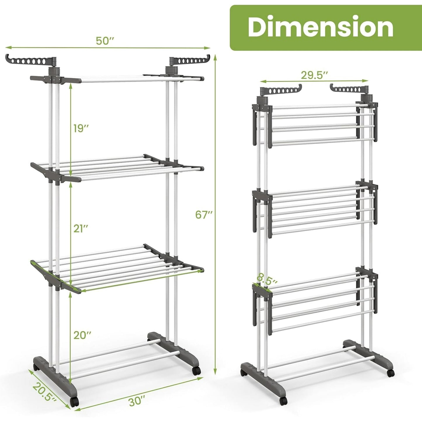 Behome Clothes Drying Rack, Oversized 4-Tier Collapsible Laundry Rack with Two Side Wings, Movable Drying Rack with 4 castors for Bed Linen, Clothing, Gray