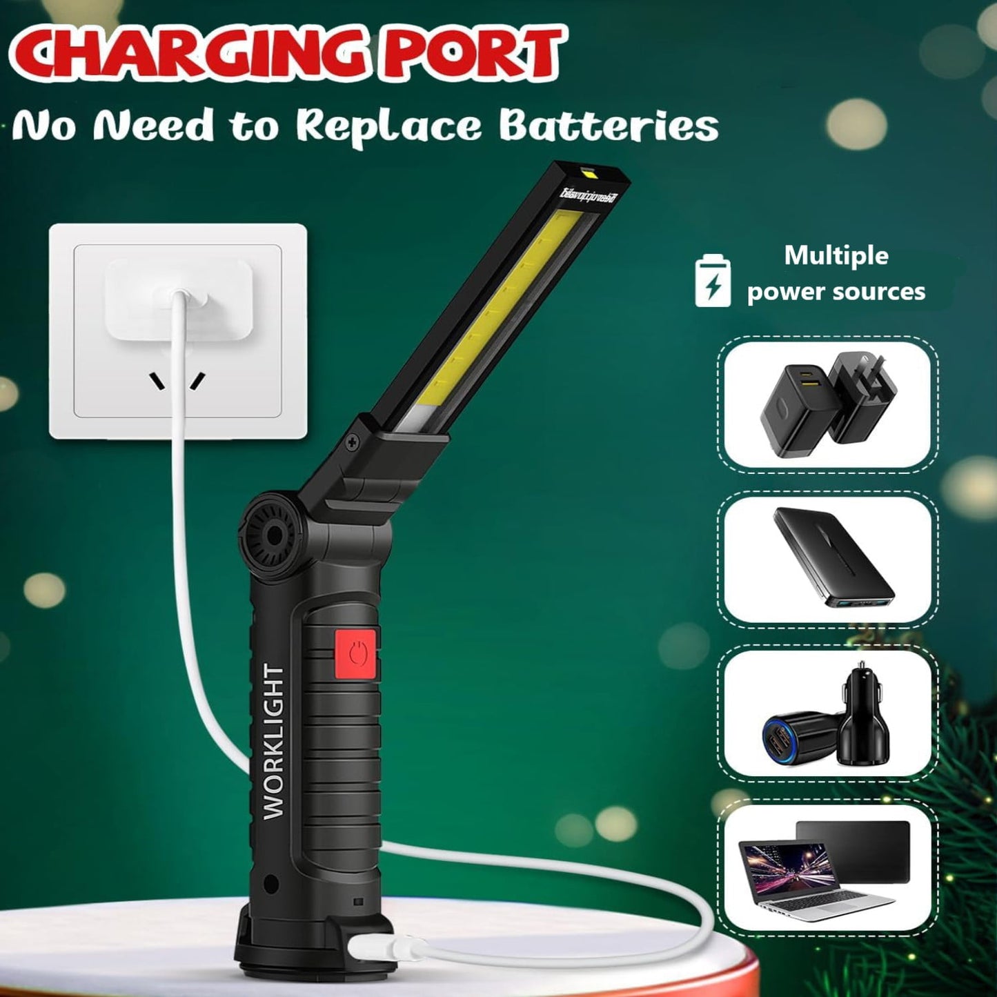 Behome 2 Pack LED Work Light, Rechargeable COB Light with Magnetic Base and Hook, 360°Rotate and 5 Modes, Cordless & Folding Flashlight for Workshop, Household(Black)