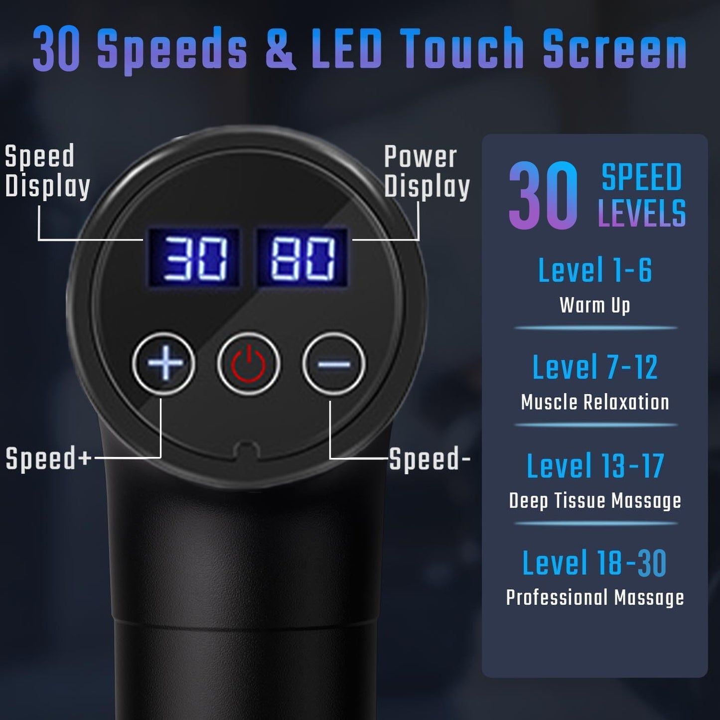 BN-LINK Massage Gun with 30 Speeds, Electric Deep Tissue Back Massage with 6 Massage Heads, Percussion Massage Device for Pain Relief Athletes, Black