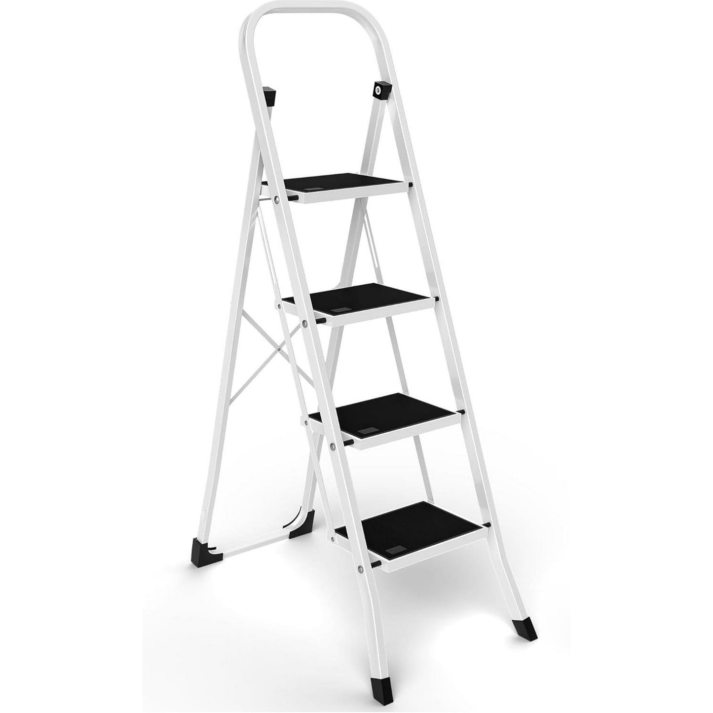 Behome 4 Step Ladder, Folding Step Stool with Wide Anti-Slip Pedal, Portable Sturdy Iron Ladder with Handrails for Home, Office, Library, 330 lbs Capacity, White & Black