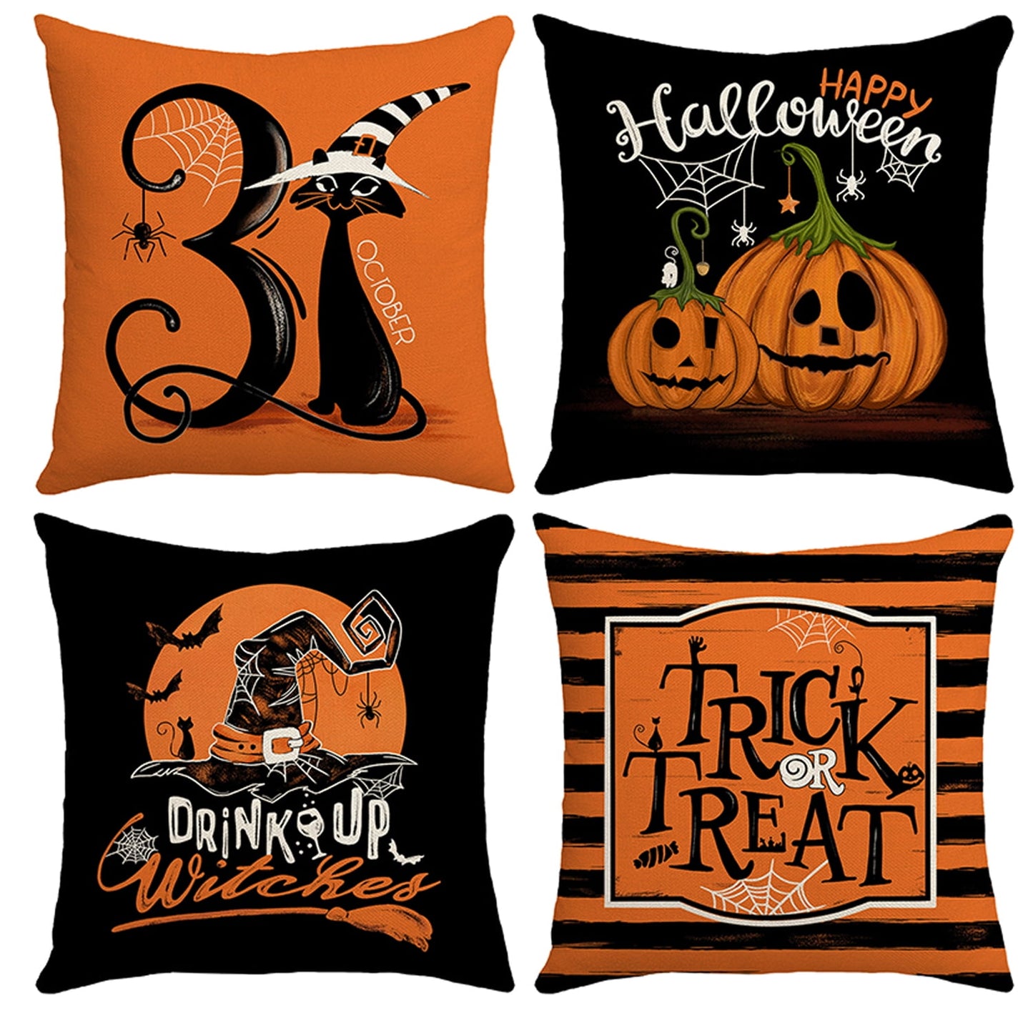 Behome 4 Pieces Halloween Pillow Case, 18 x 18 inch Orange and Black Pillow Cover, Happy Halloween Linen Decorative Cushion Covers for Home Halloween Decoration