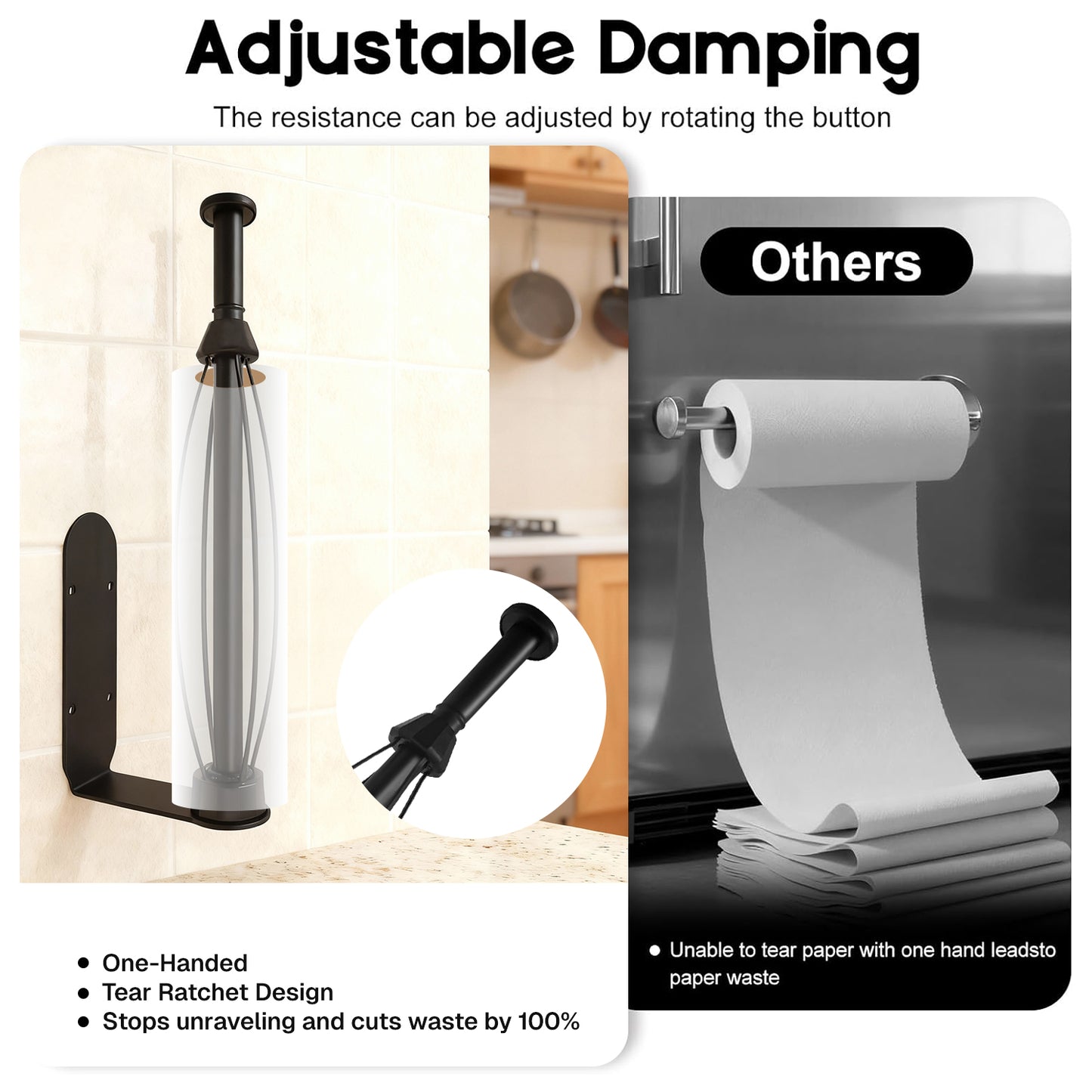 Behome Paper Towel Holder Under Cabinet, One-Handed Tear, Wall Mount Stainless Steel Paper Roll Holder with Damping Effect, Self-Adhesive or Drilled for Kitchen, Bathroom