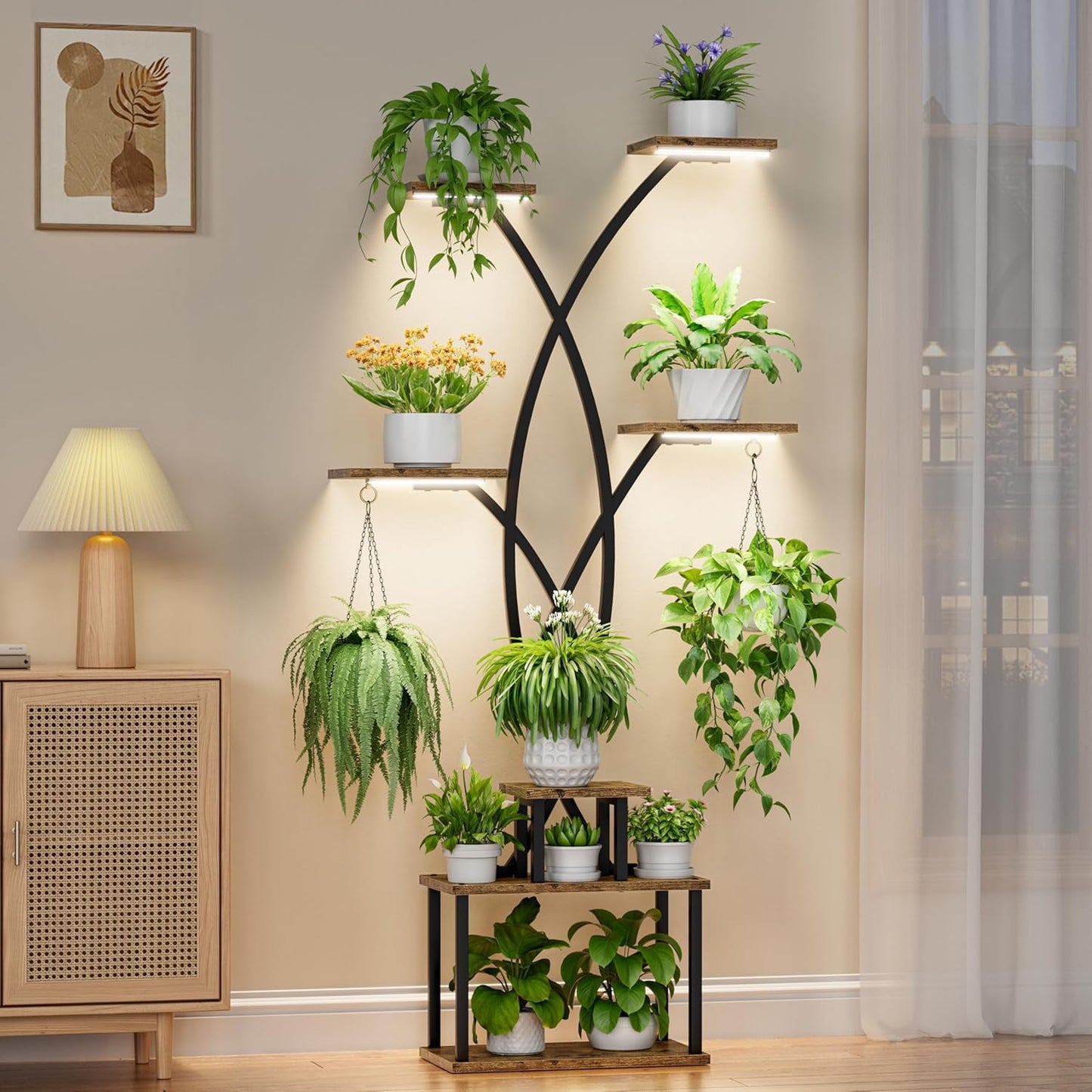 Behome Plant Stand with Adjustable Grow Lights, 7 Tiered Indoor Metal Plant Shelf, 66" Tall Plant Flower Holder for Home, Patio