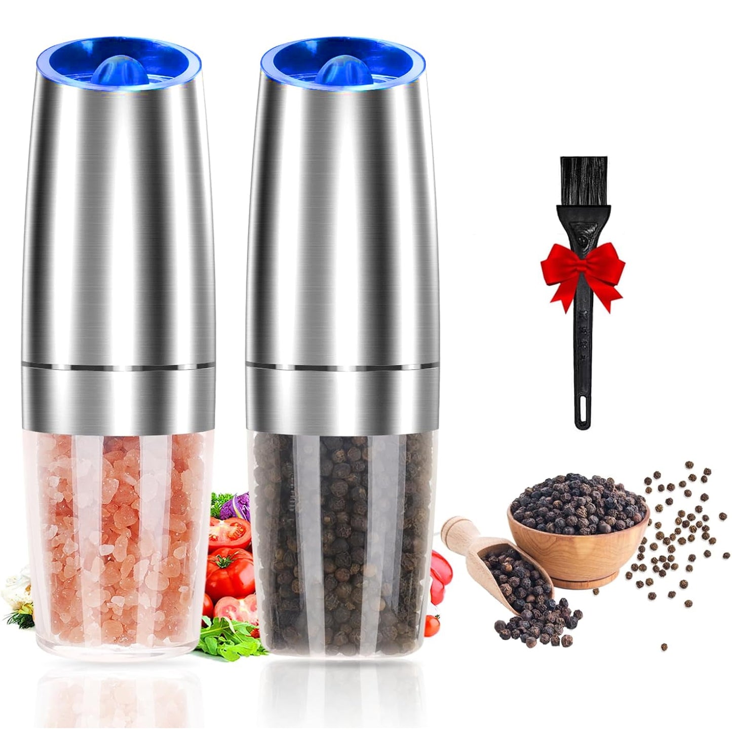Behome 2 Pack Electric Salt and Pepper Grinder Set, Automatic Gravity Salt and Pepper Mill with Adjustable Coarseness, Battery Powered with LED Light, One Hand Operation
