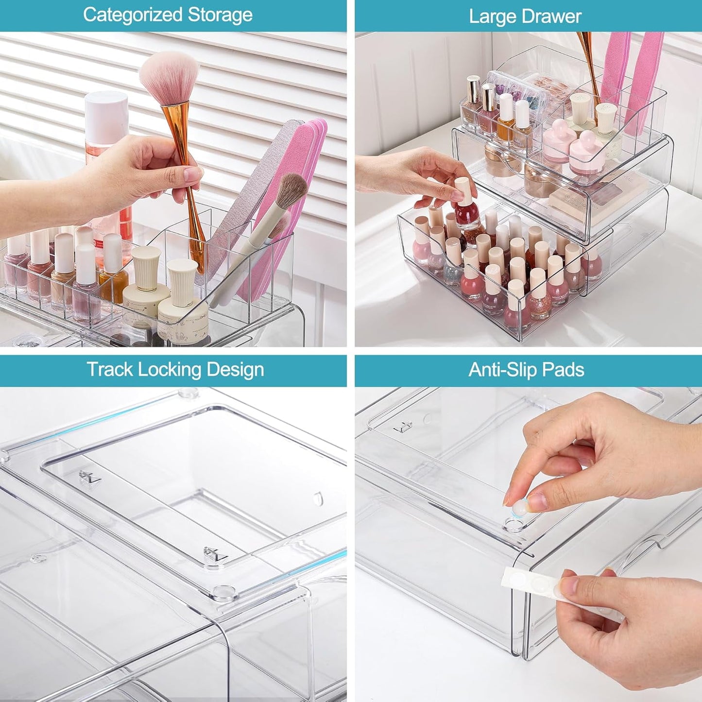 Behome 3 Tier Clear Makeup Organizer Countertop, Makeup Storage with Drawer, Cosmetic Organizer for Bathroom Vanity, Brushes, Jewelry