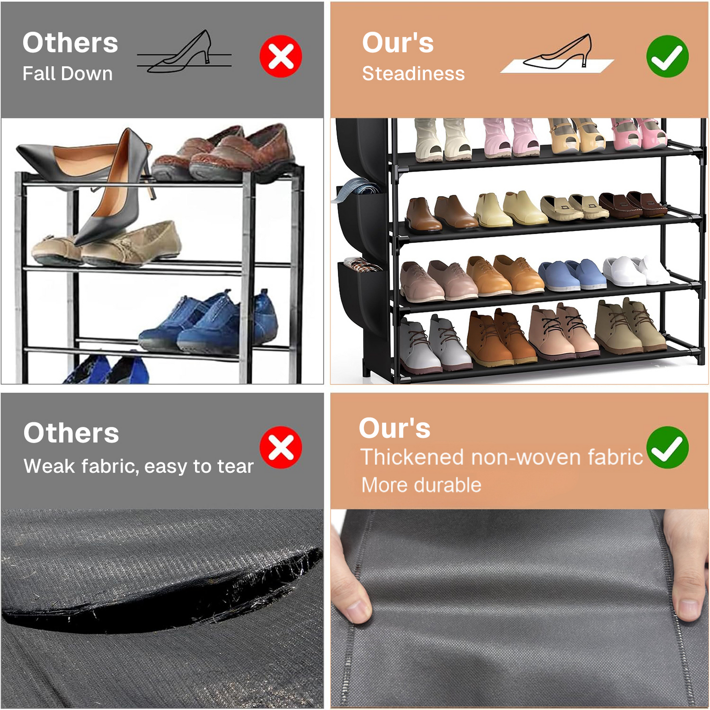 Behome 5-Tier Metal Shoe Rack, Shoe Rack Storage Organizer with Side Pocket, Shoe Shelf for Entryway, Closet, Bedroom, Living Room, Black