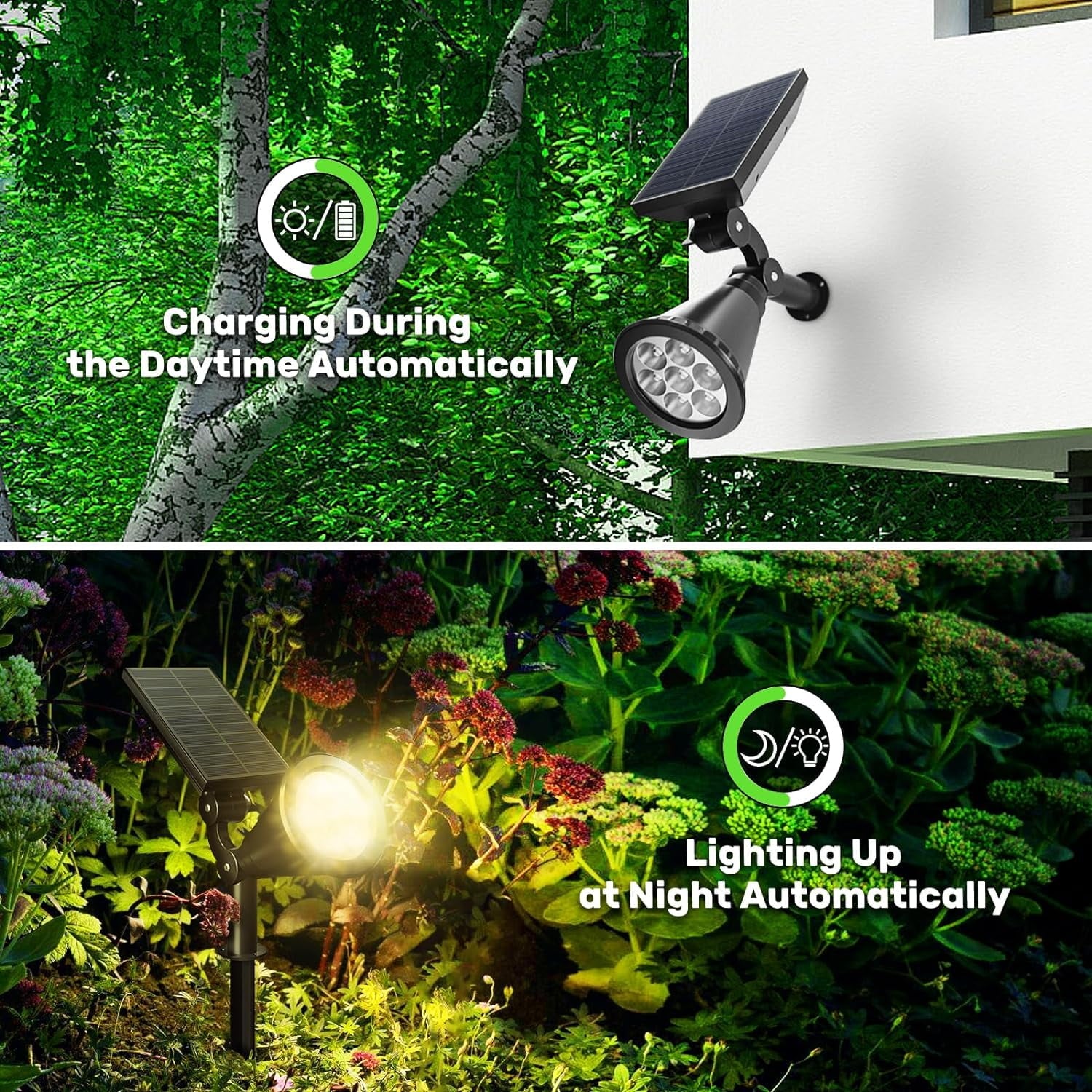 Behome Solar Spot Lights Outdoor Waterproof, 3 Lighting Modes Solar Landscape Lights for Outside, 7 LED Solar Powered Lights for Patio,Yard and Garden(2 Pack)