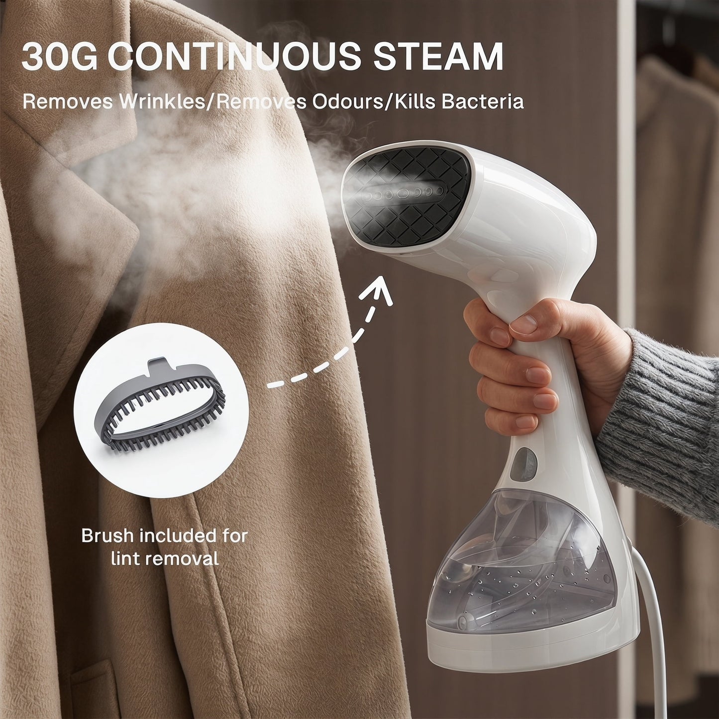 Behome 3 Level Handheld Steamer for Clothes, 265ml Large Capacity & Fast 30s Heat-up, Clothes Steamer with Brush, Travel Steamer for Home, Office