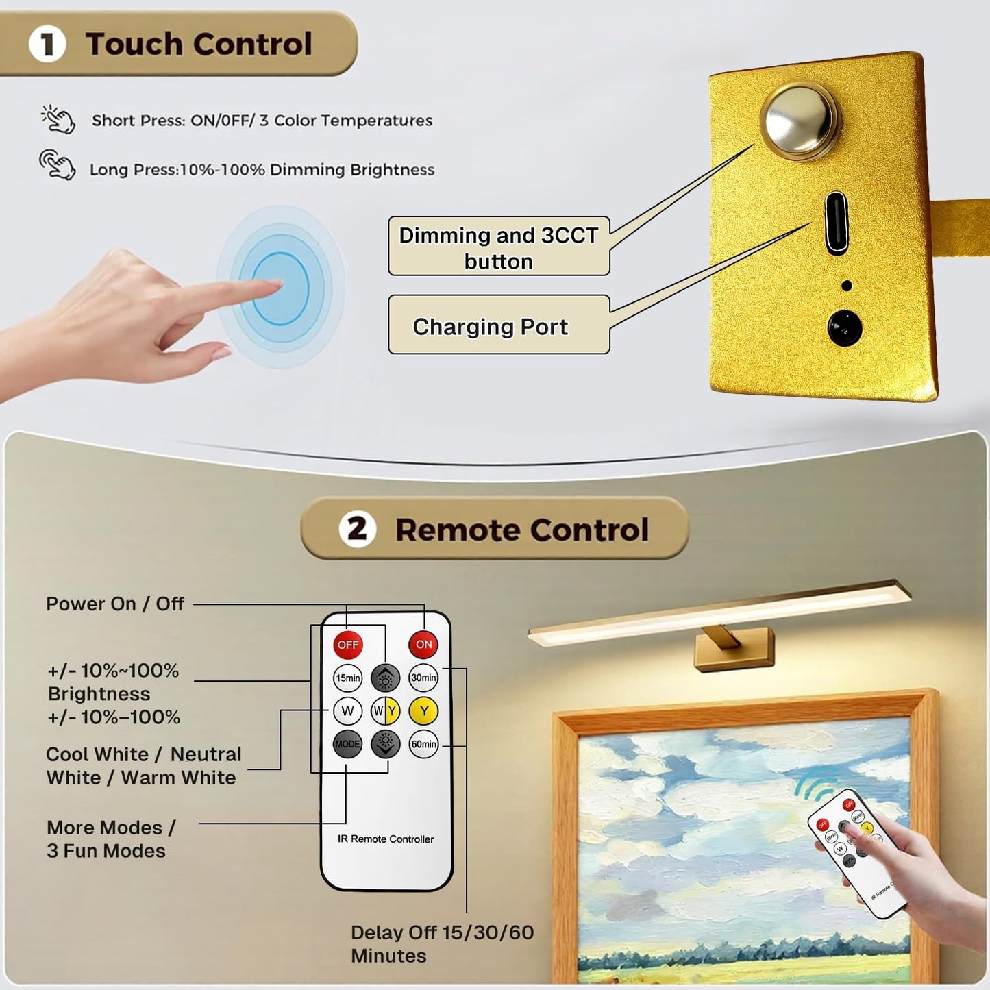 Behome Bathroom Vanity Light, 3-Light Modes Modern Vanity Light Over Mirror, 16 inch Vanity Lighting Fixture Dimmable 3CCT LED Bar Vanity Light for Bathroom Restroom, Gold