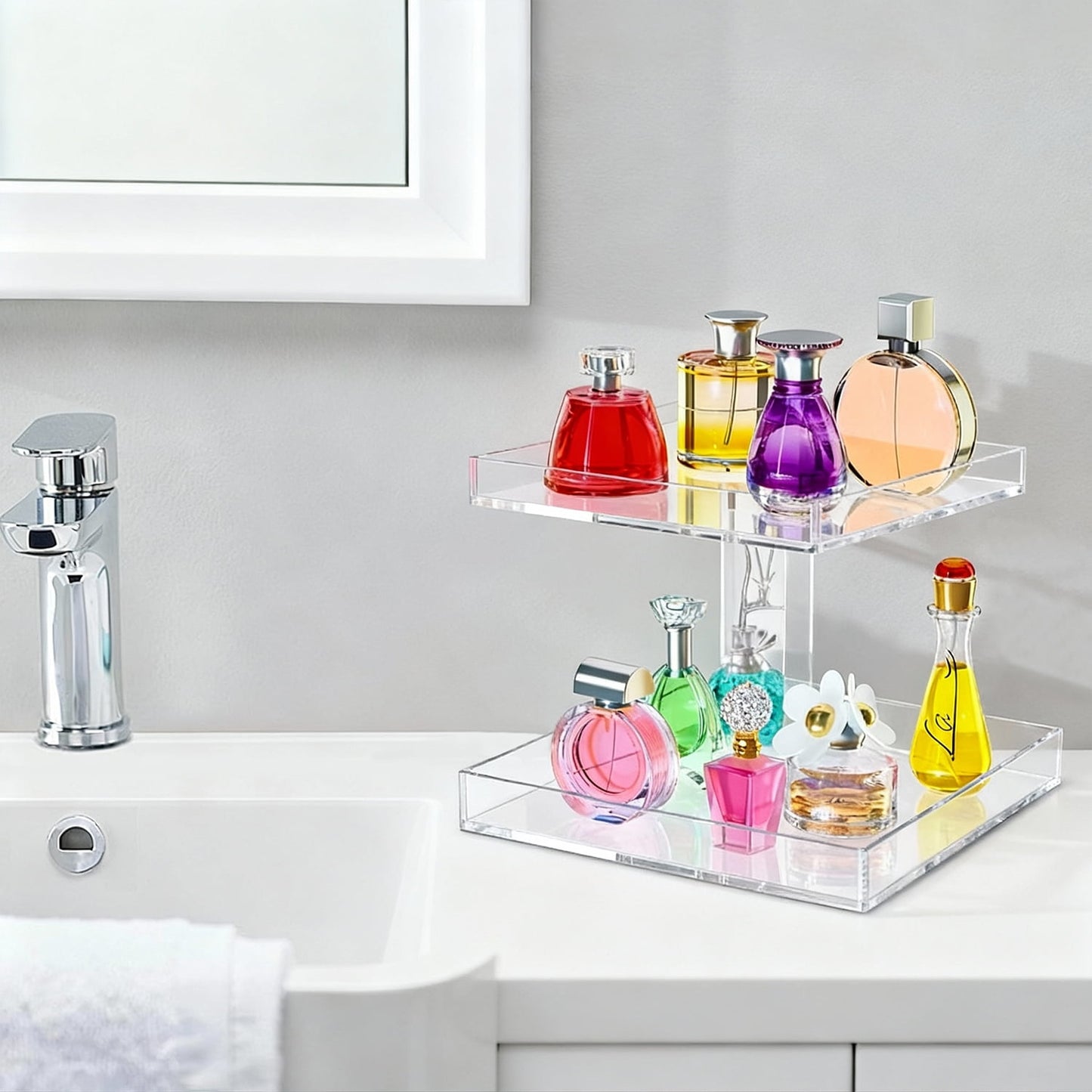 Behome Perfume Organizer, 2-Tier Acrylic Perfume Stand Organizer, Cologne Organizer for Men, Versatile Display Stand Shelf for Fragrance, Skincare, Figurine, Dessert, Transparent